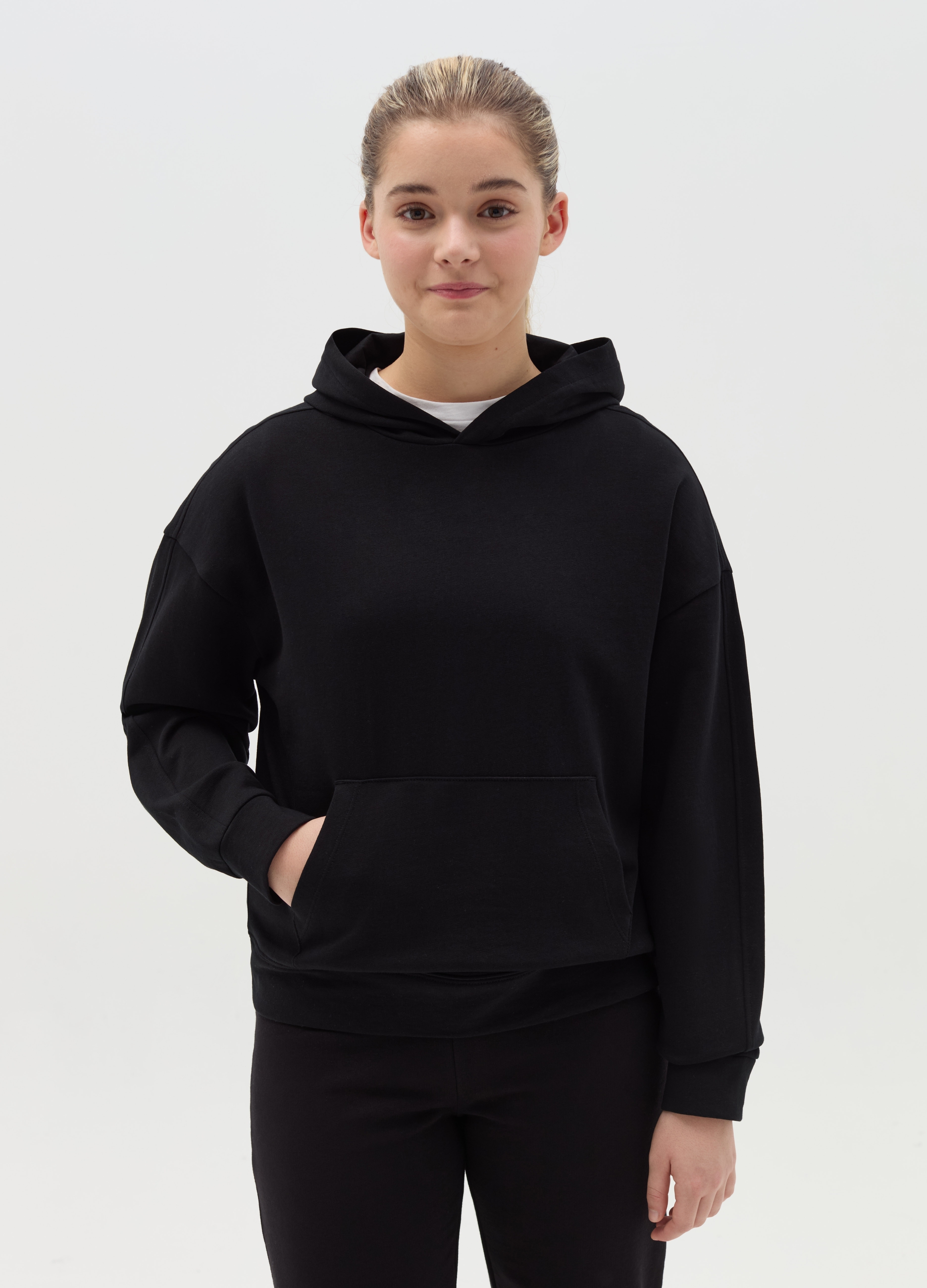 OVS KIDS, Felpa In Cotone Con Cappuccio E Tasca, Bambina, Nero, Taglia: 11-12