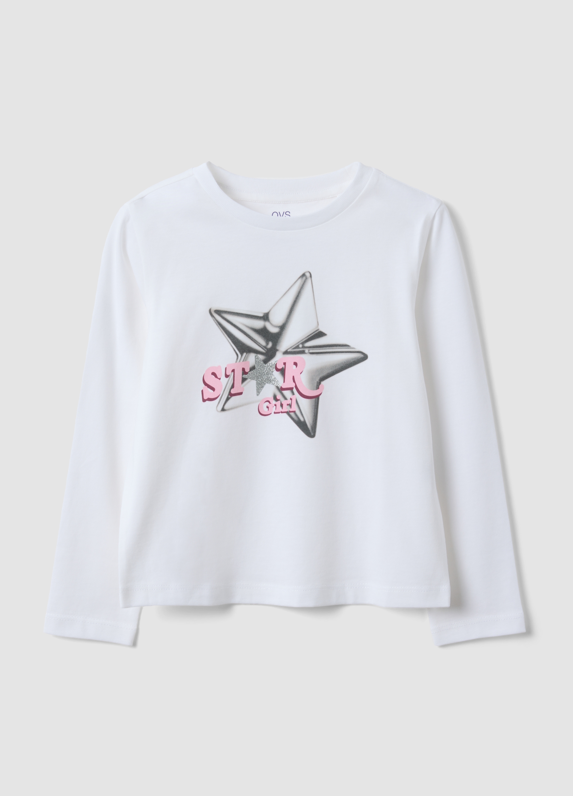 OVS KIDS, T-shirt Rosa In Puro Cotone Organico Con Stampa Stella Per Bambina, Bianco, Taglia: 4-5