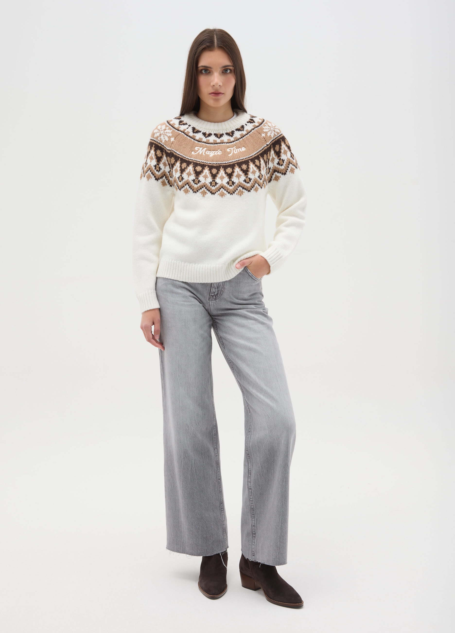 Jersey Multicolor De Ajuste Regular Con Diseño Navideño, Mujer, Blanco/marrón, Talla: 42