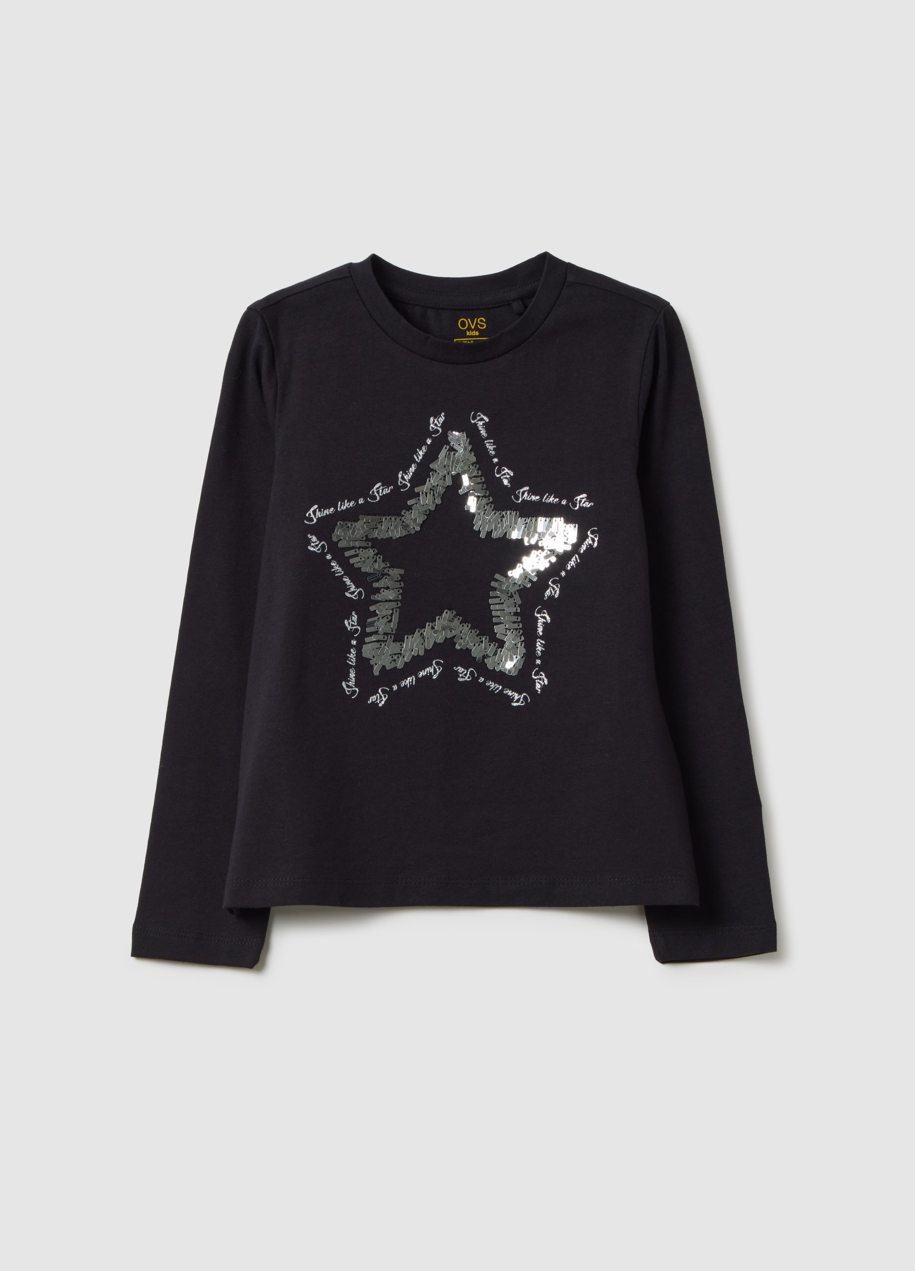 OVS, Maglia Da Bambina In Cotone Elasticizzato Nero Regular Fit Con Stella, Mädchen, Gunmetal, Größe: 3-4