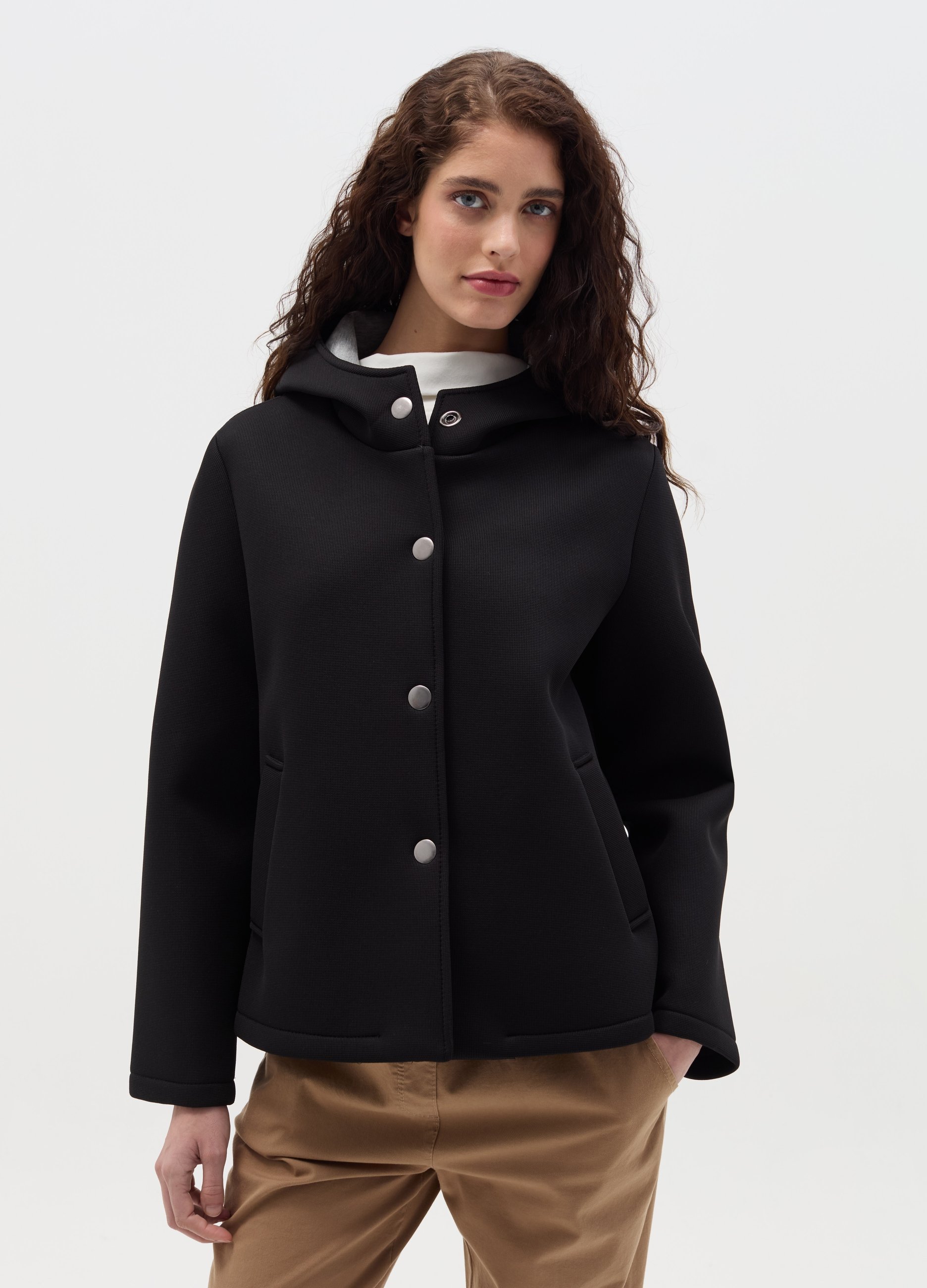 HYBRID, Giacca Corta Con Cappuccio E Bottoni, Donna, Nero, Taglia: S/M