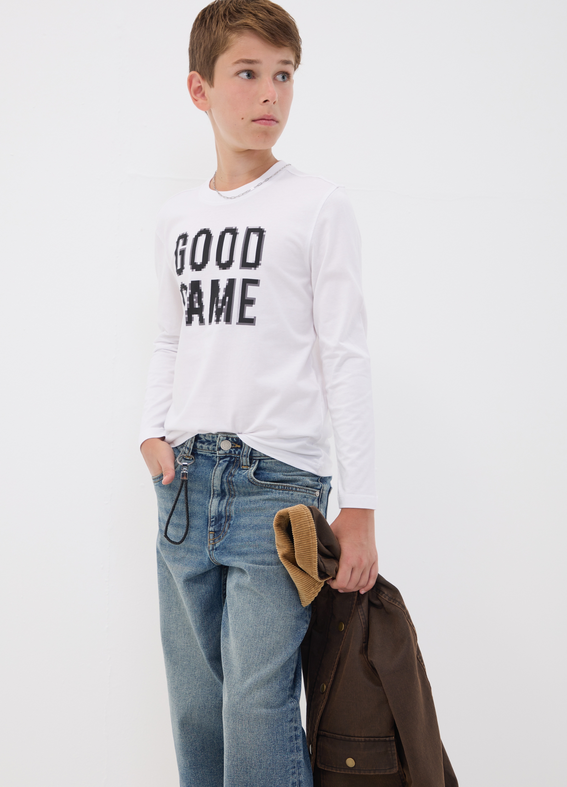 OVS KIDS, T-shirt Bianca In Puro Cotone Organico Con Scritta "good Game" Per Ragazzo, Bambino, Bianco, Taglia: 13-14