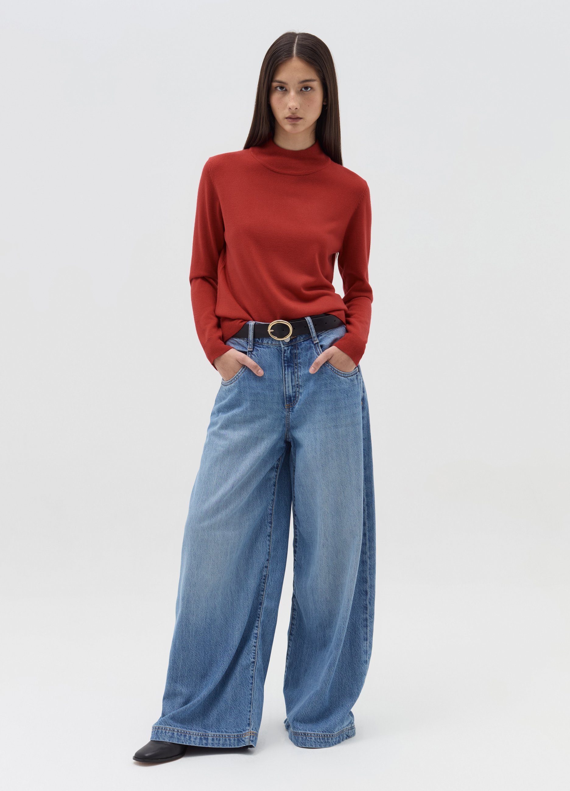 Jersey Manga Larga Cuello Mock, Mujer, Rojo Geranio, Talla: 42