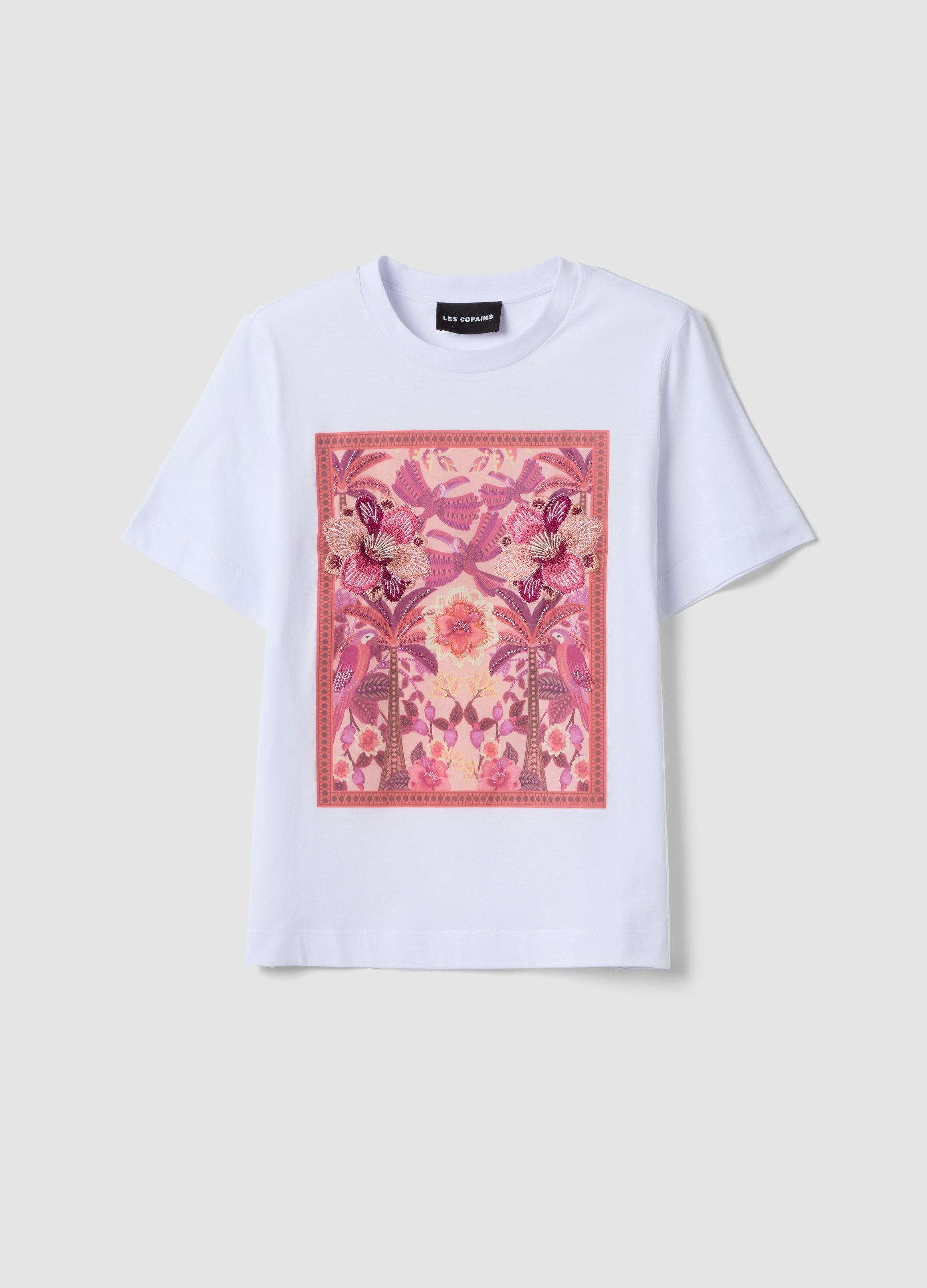 LES COPAINS, Camiseta Blanca De Puro Algodón Con Estampado Floral, Mujer, Azul Claro, Talla: 40