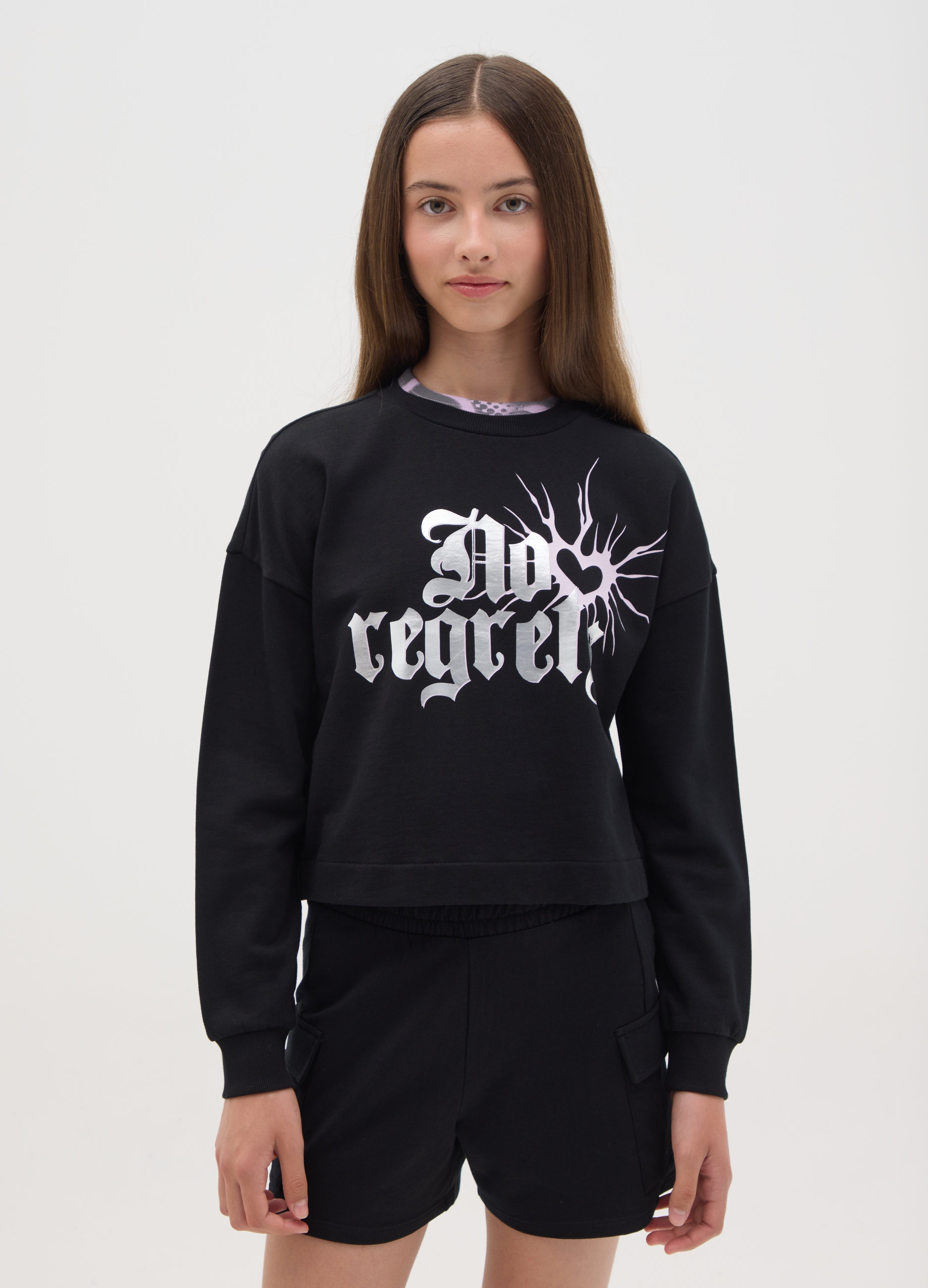 OVS, Felpa Cropped Con Stampa Foil, Bambina, Nero, Taglia: 11-12