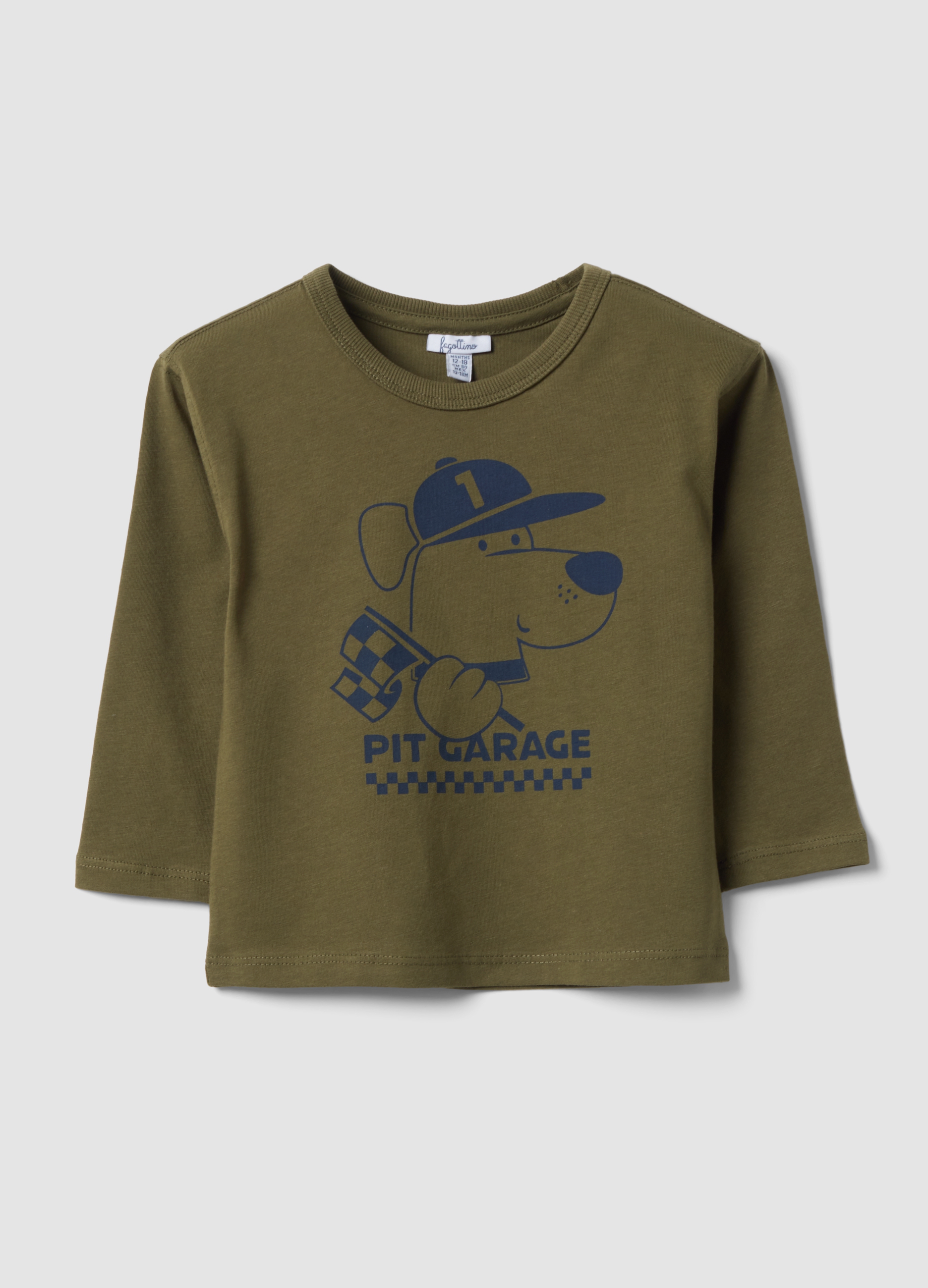 FAGOTTINO, T-shirt Verde In Puro Cotone Organico Con Stampa Cagnolino Per Bimbo, Bambino, Verde, Taglia: 30-36