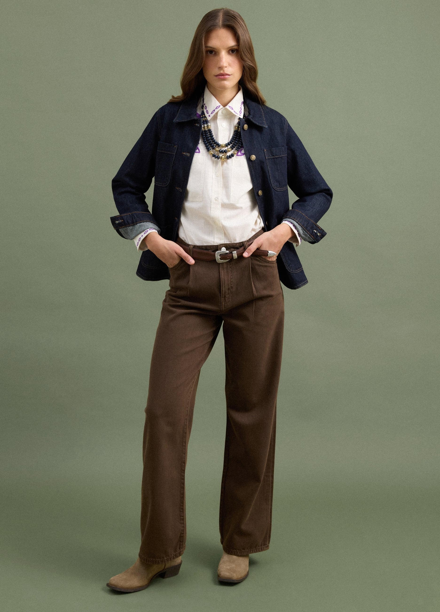 PIOMBO, Jeans Marrone Wide Leg A Vita Alta In Puro Cotone, Donna, Marrone, Taglia: 42