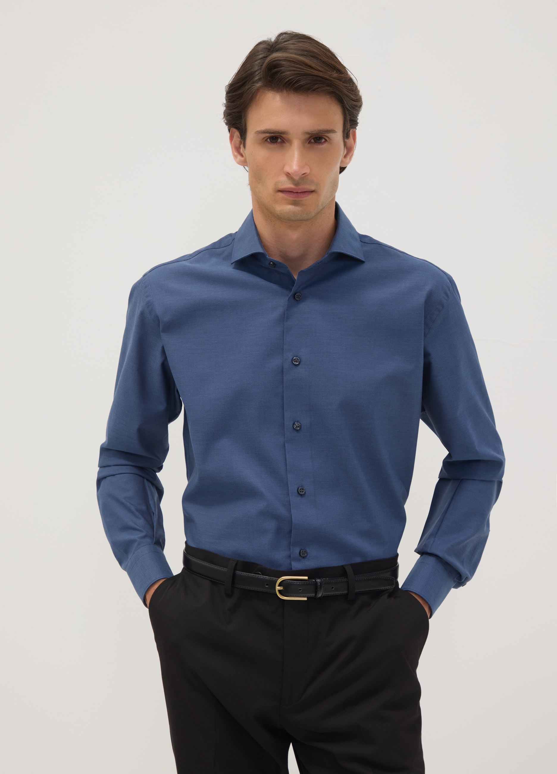 OVS, Camicia Blu In Puro Cotone Con Collo Francese Regular Fit Easy Iron, Uomo, Blu, Taglia: 45