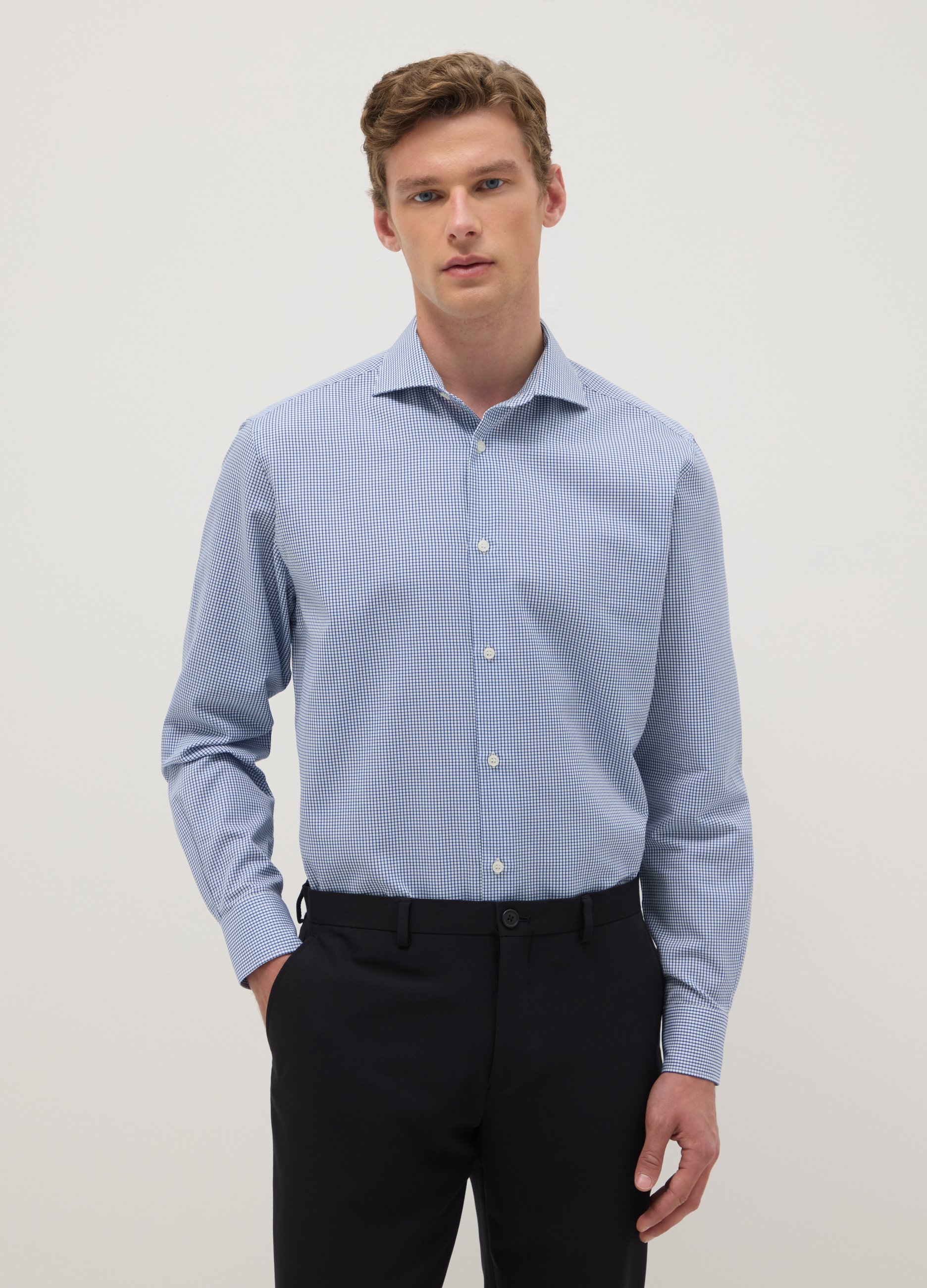 OVS, Camicia A Quadri Azzurra In Puro Cotone Regular Fit Easy Iron, Uomo, Azzurro, Taglia: 39