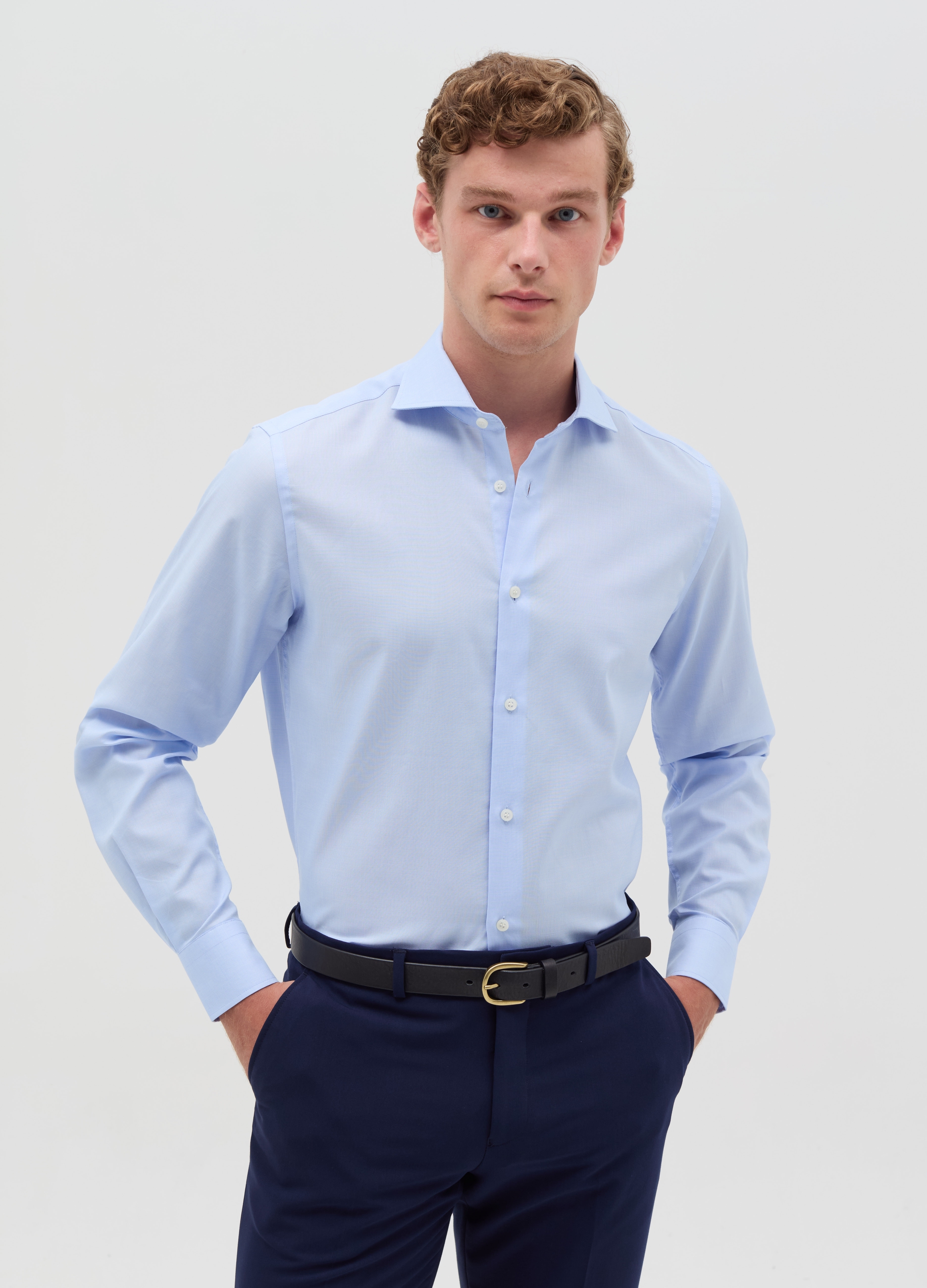 Camisa Slim Fit Planchado Fácil Color Liso, Hombre, Azul suave, Talla: 41