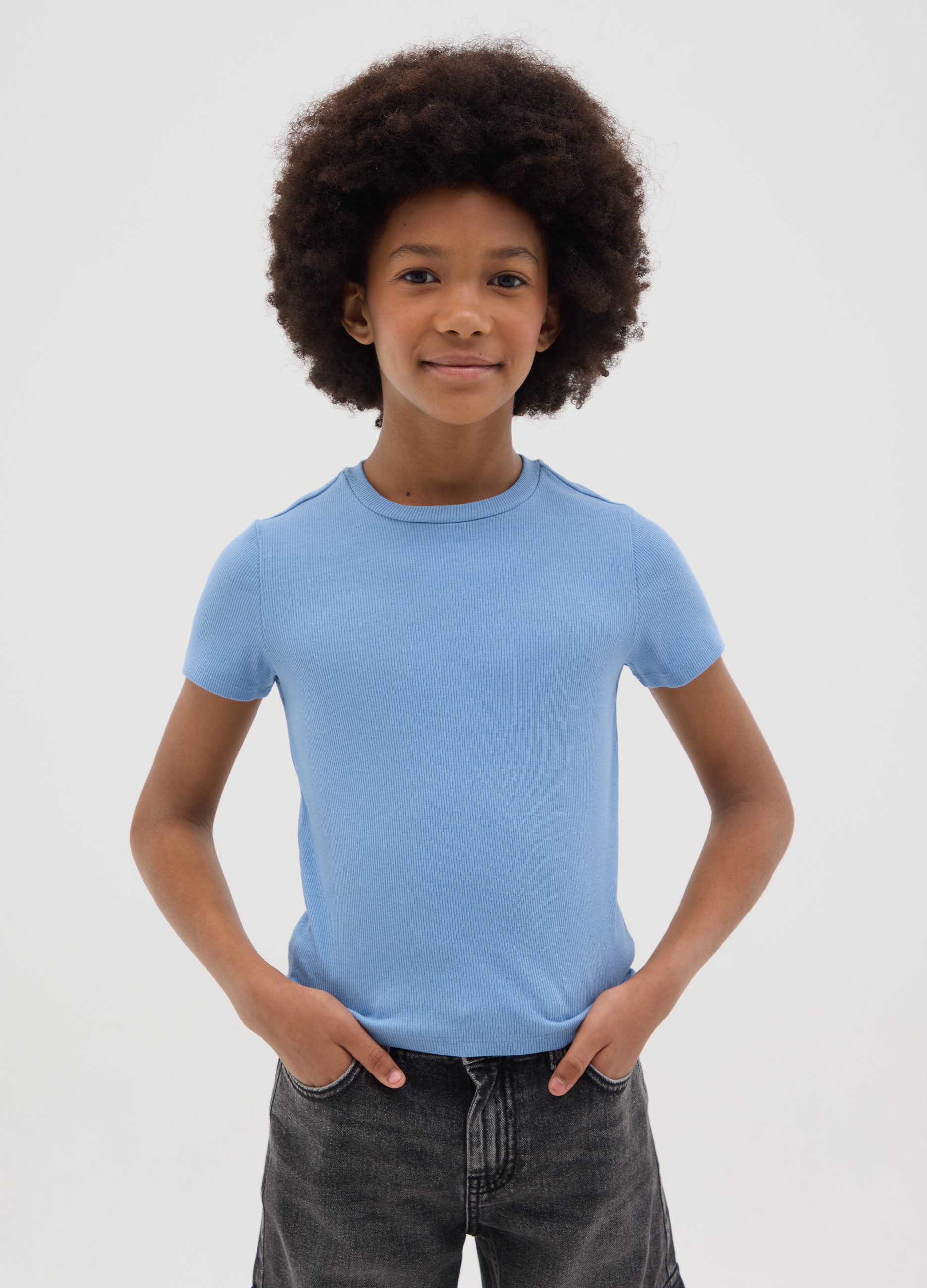 OVS, T-shirt Da Ragazza In Cotone Elasticizzato Azzurro Fitted, Bambina, Azzurro, Taglia: 10-11