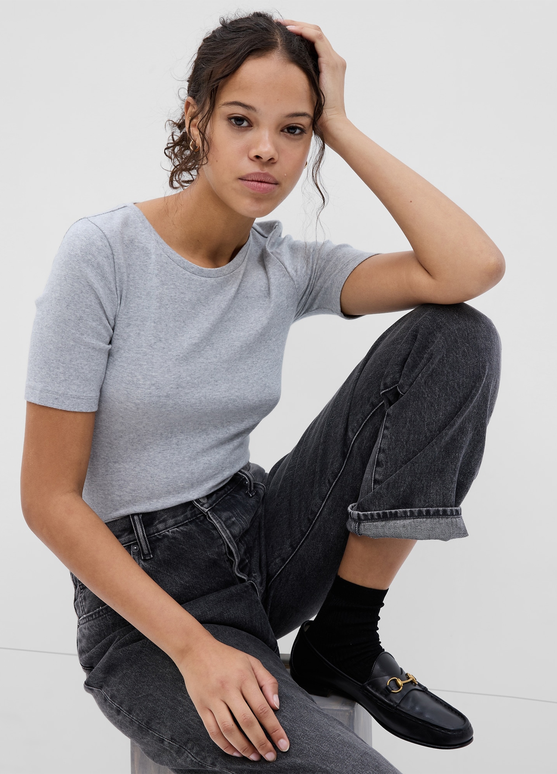 GAP, T-shirt Girocollo In Cotone E Modal Melange, Donna, Grigio, Taglia: XS