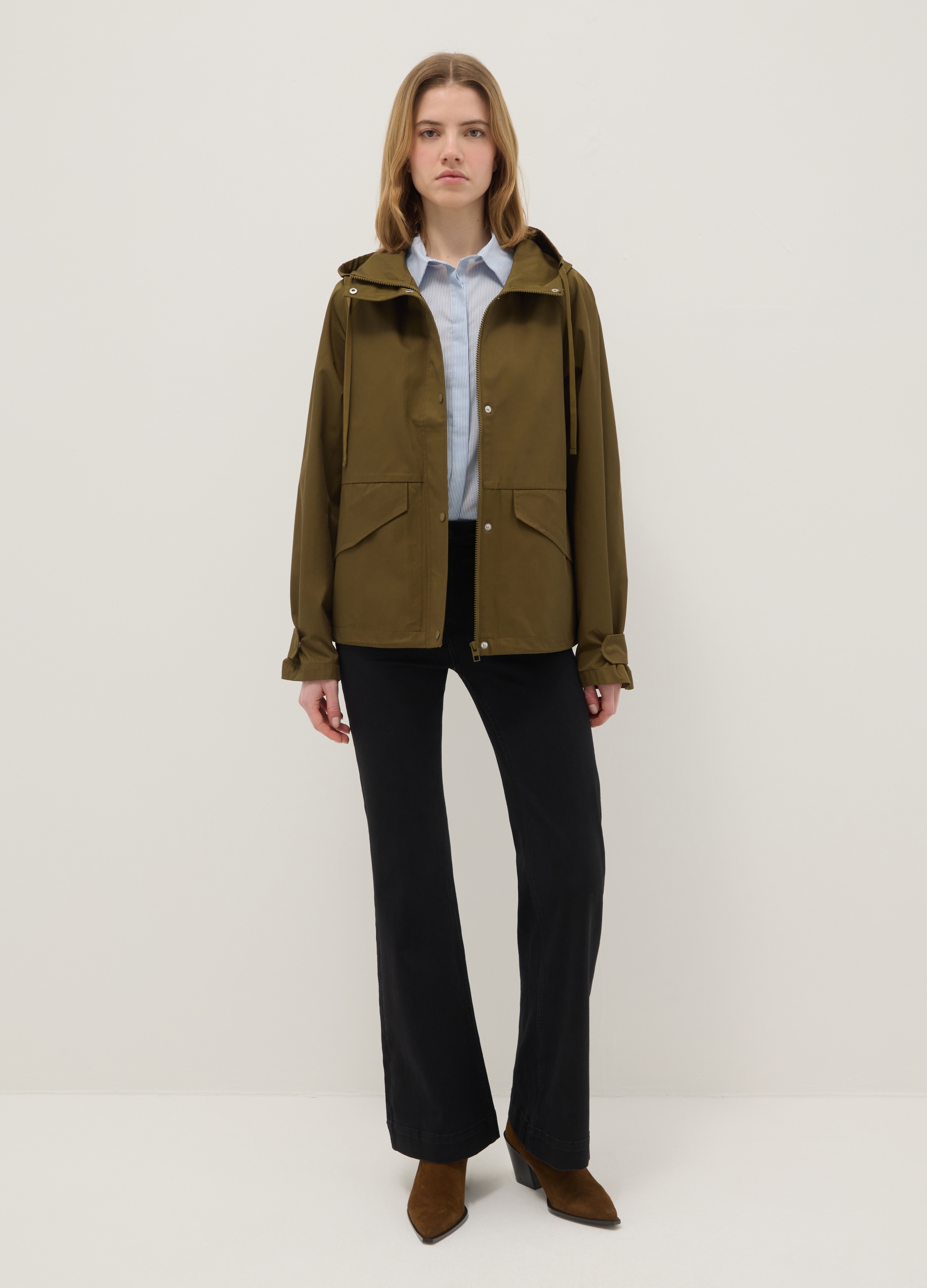 Chaqueta Verde De Mezcla De Algodón Corte Regular Con Cremallera Y Capucha, Mujer, Verde Bandera, Talla: XL