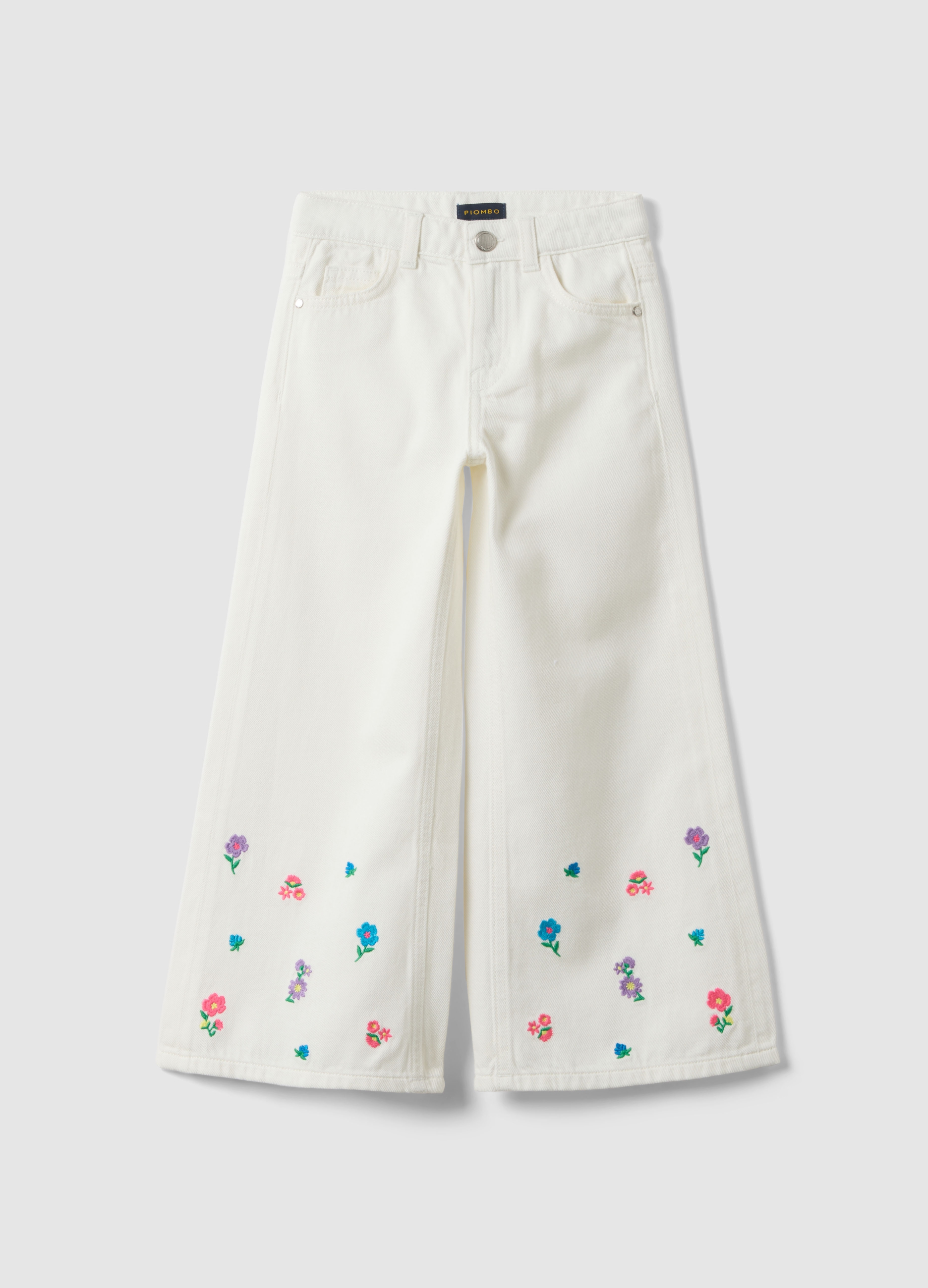 PIOMBO KIDS, Pantaloni In Puro Cotone Bianchi Da Bambina Wide Leg Con Fiori, Bianco, Taglia: 8