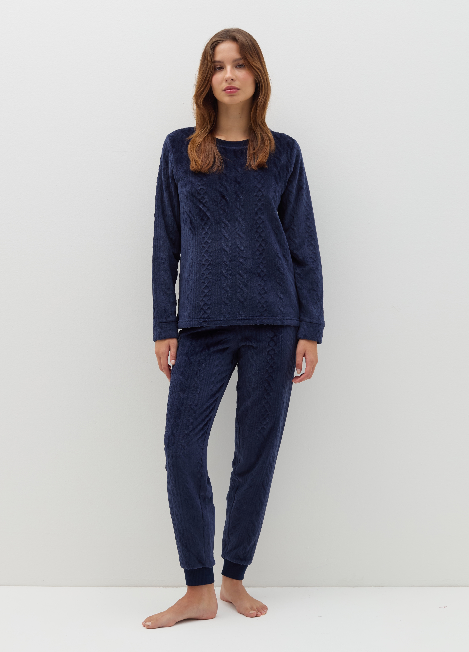 OVS, Pigiama Lungo In Velour Con Motivo Intrecciato, Donna, Blu, Taglia: M