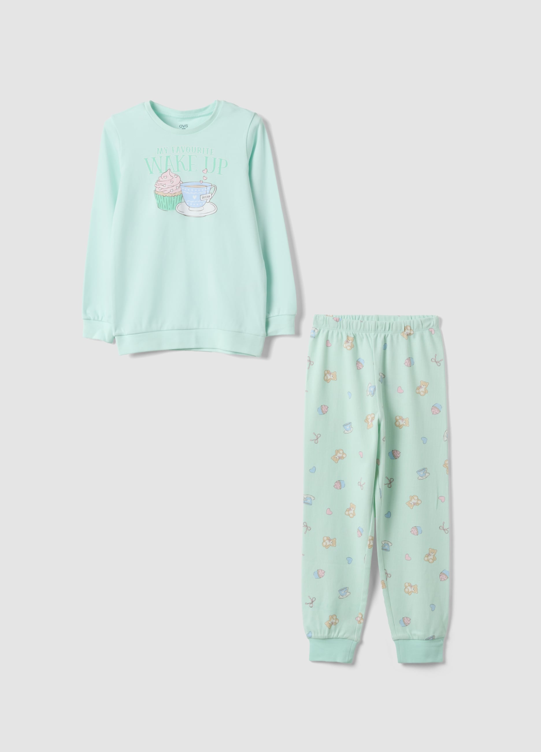 OVS KIDS, Pigiama Verde In Puro Cotone Organico Con Girocollo E Stampa Per Bambina, Verde, Taglia: 7-8