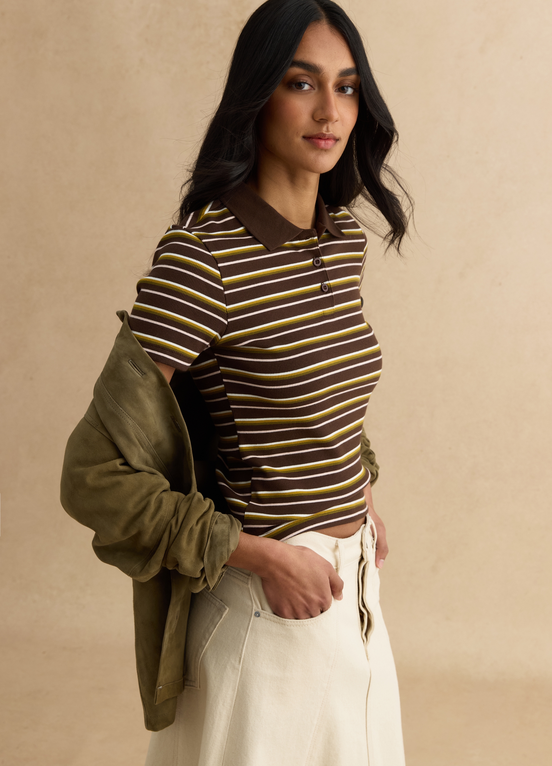 LES COPAINS, Polo Marrone A Righe In Cotone Elasticizzato, Mujer, Marrón, Talla: 36