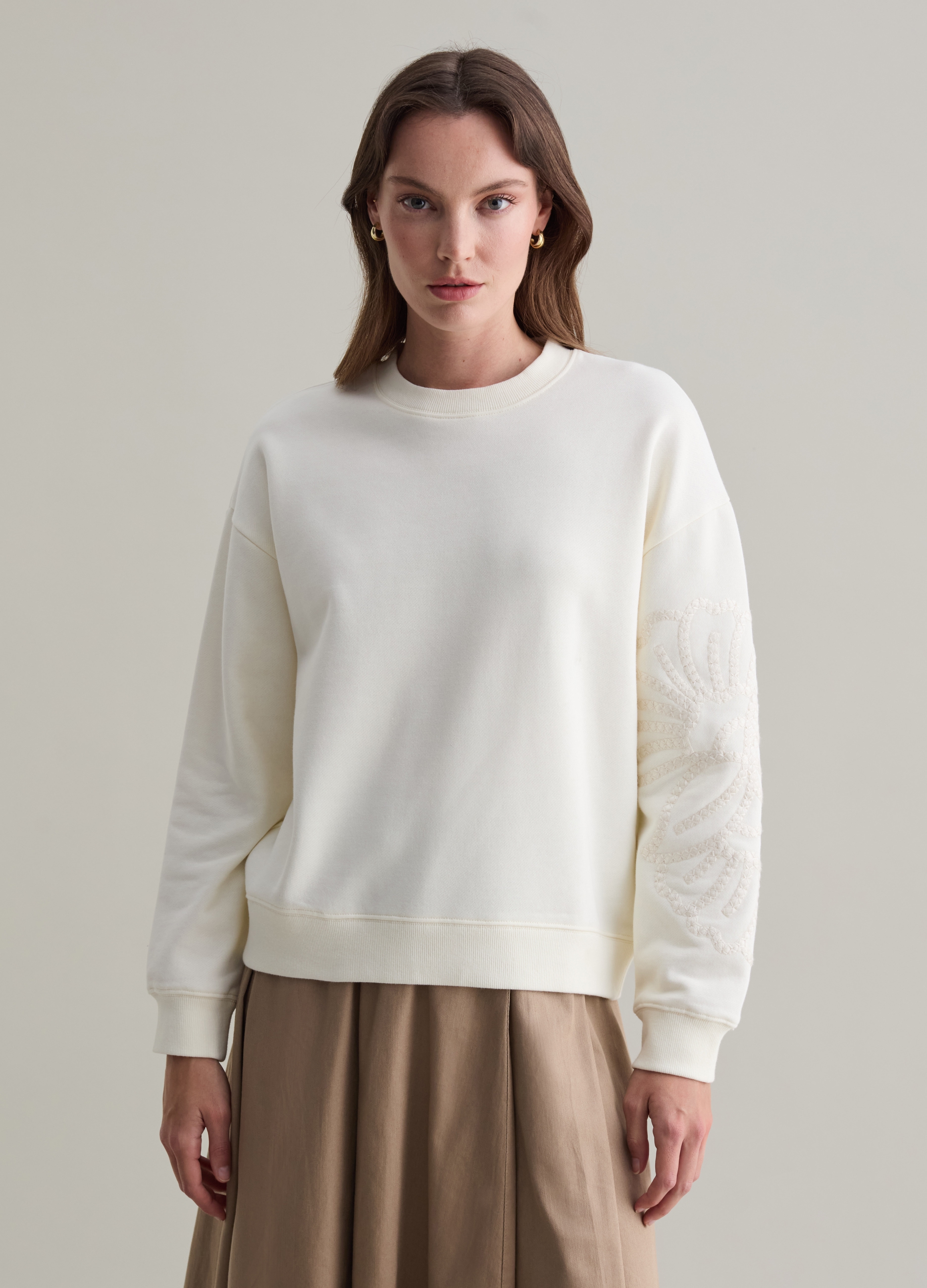 PIOMBO, Felpa Con Ricamo Floreale, Donna, Bianco, Taglia: L