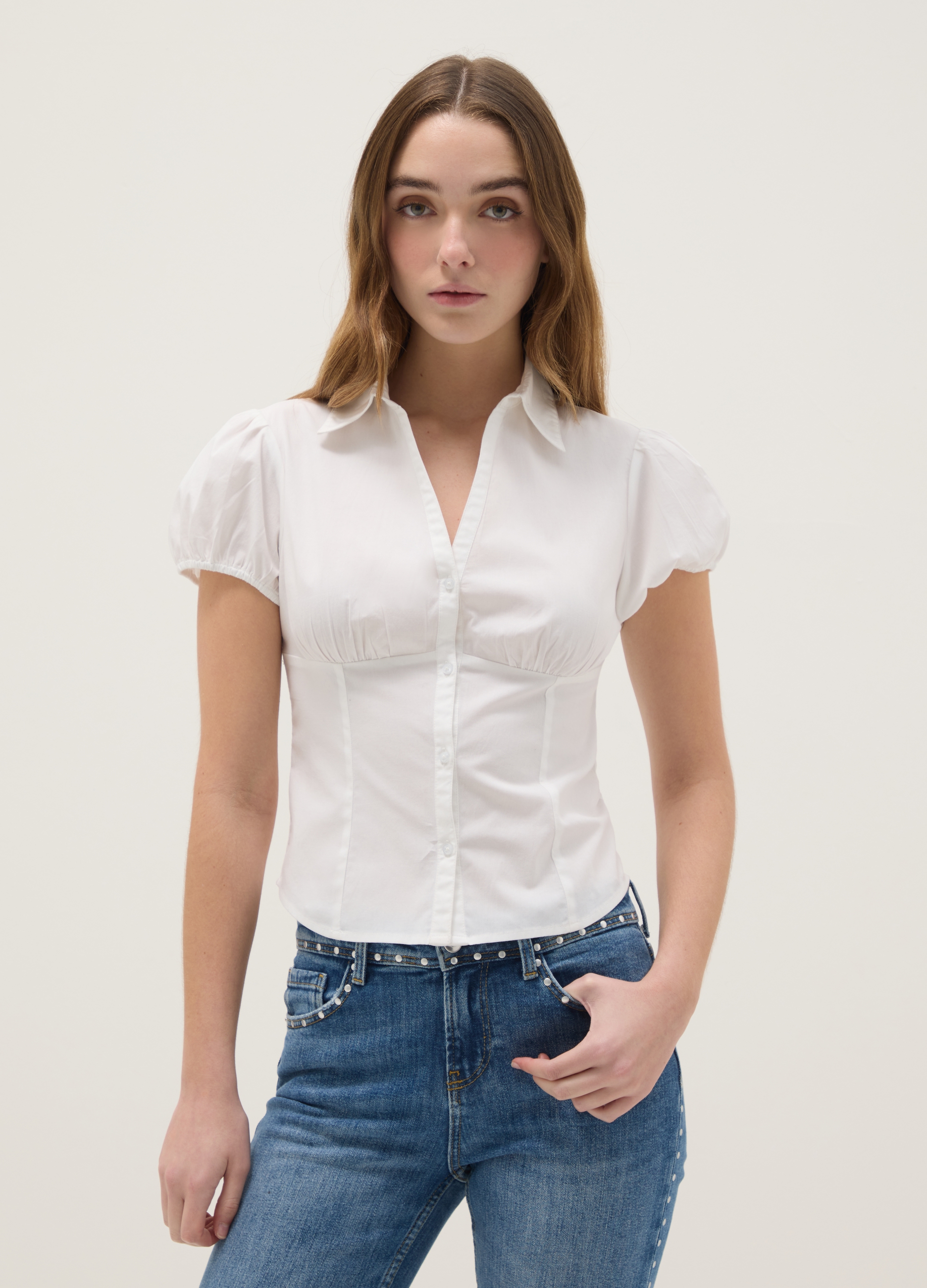 B.ANGEL, Camisa Blanca De Manga Corta Regular Fit En Algodón Elástico, Mujer, Blanco óptico, Talla: 34