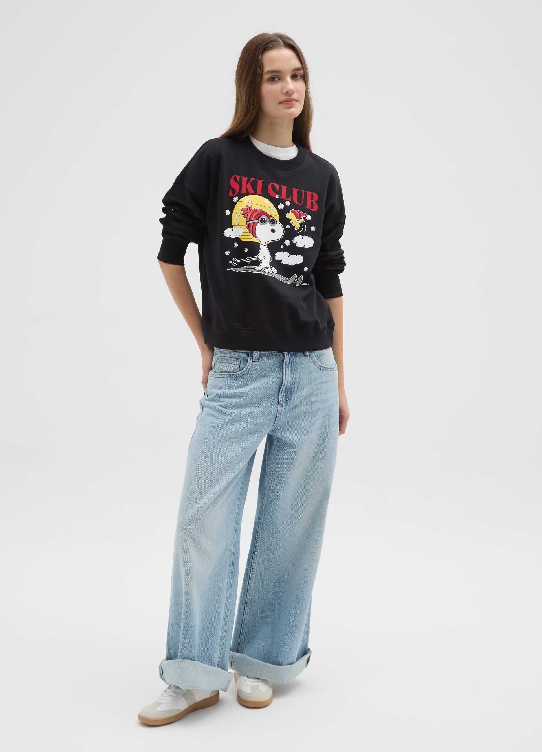 PEANUTS, Felpa Girocollo Nera In Misto Cotone Regular Fit Con Stampa Peanuts, Donna, Nero, Taglia: XXL