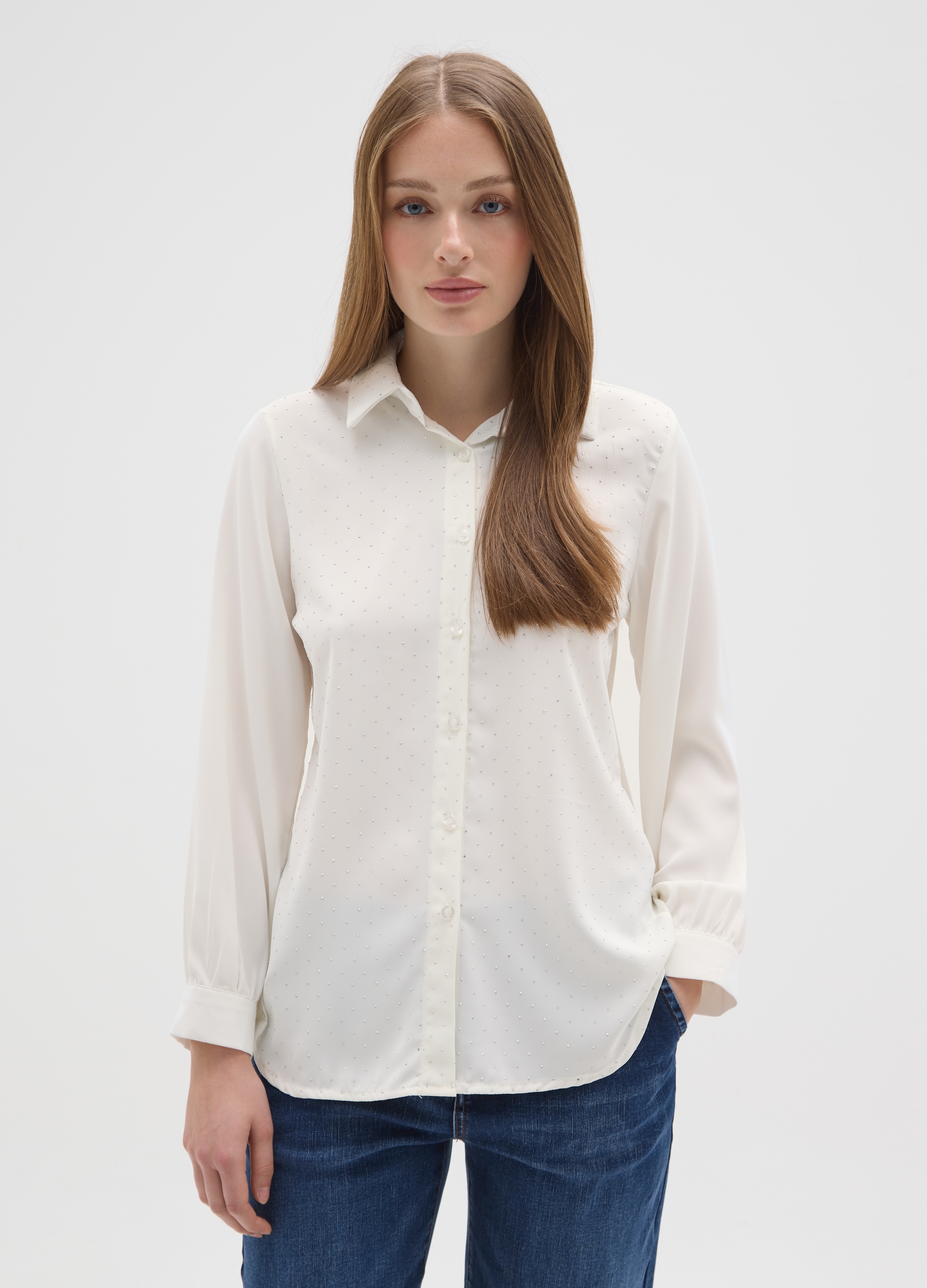 HYBRID, Camicia Bianca Regular Fit Con Glitter, Donna, Bianco, Taglia: M