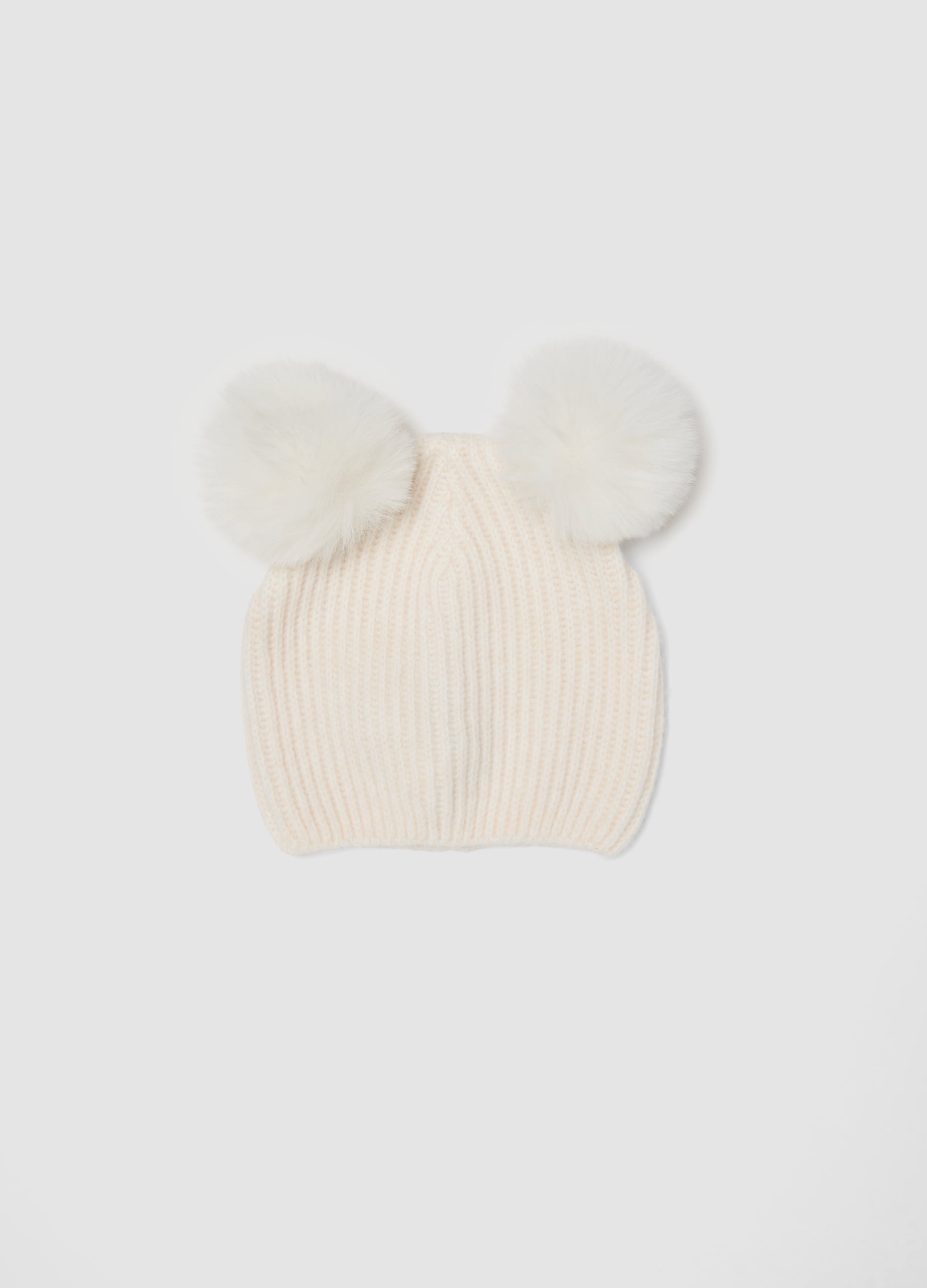 OVS KIDS, Cappello Bianco In Misto Lana A Costine Con Due Pompon, Bambina, Bianco, Taglia: 56