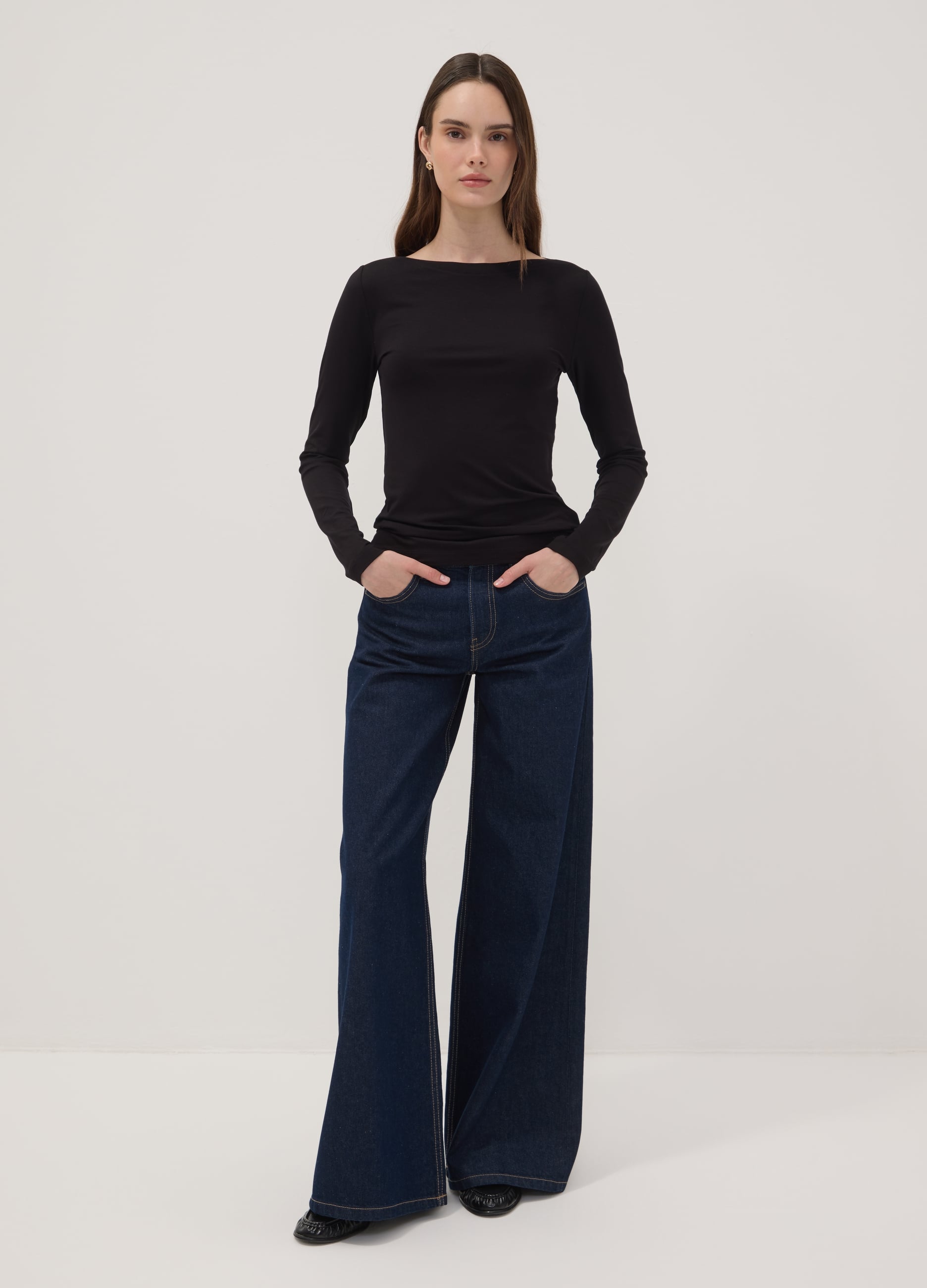 REPUBLIC OF DENIM, Jeans Blu Scuro Wide Leg In Puro Cotone A Vita Bassa, Donna, Blu, Taglia: 36