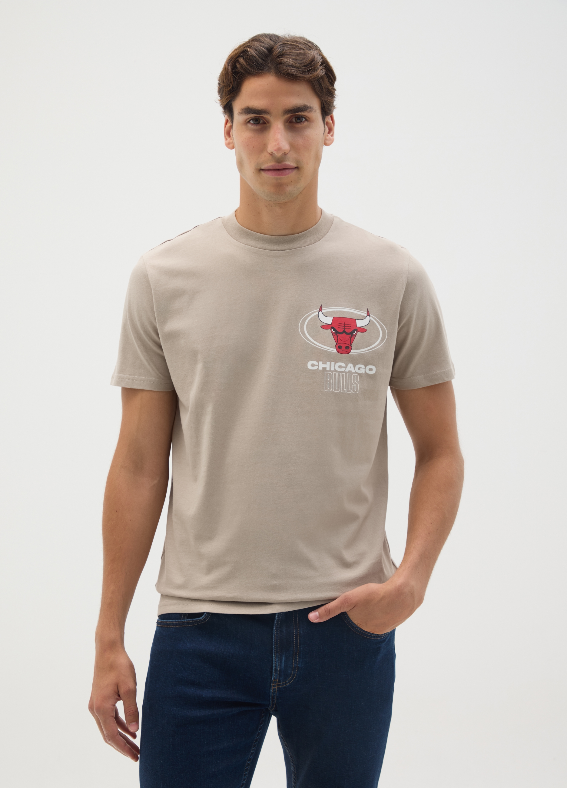 NBA, T-shirt In Puro Cotone Beige Con Stampa Chicago Bulls, Uomo, Beige, Taglia: XXL