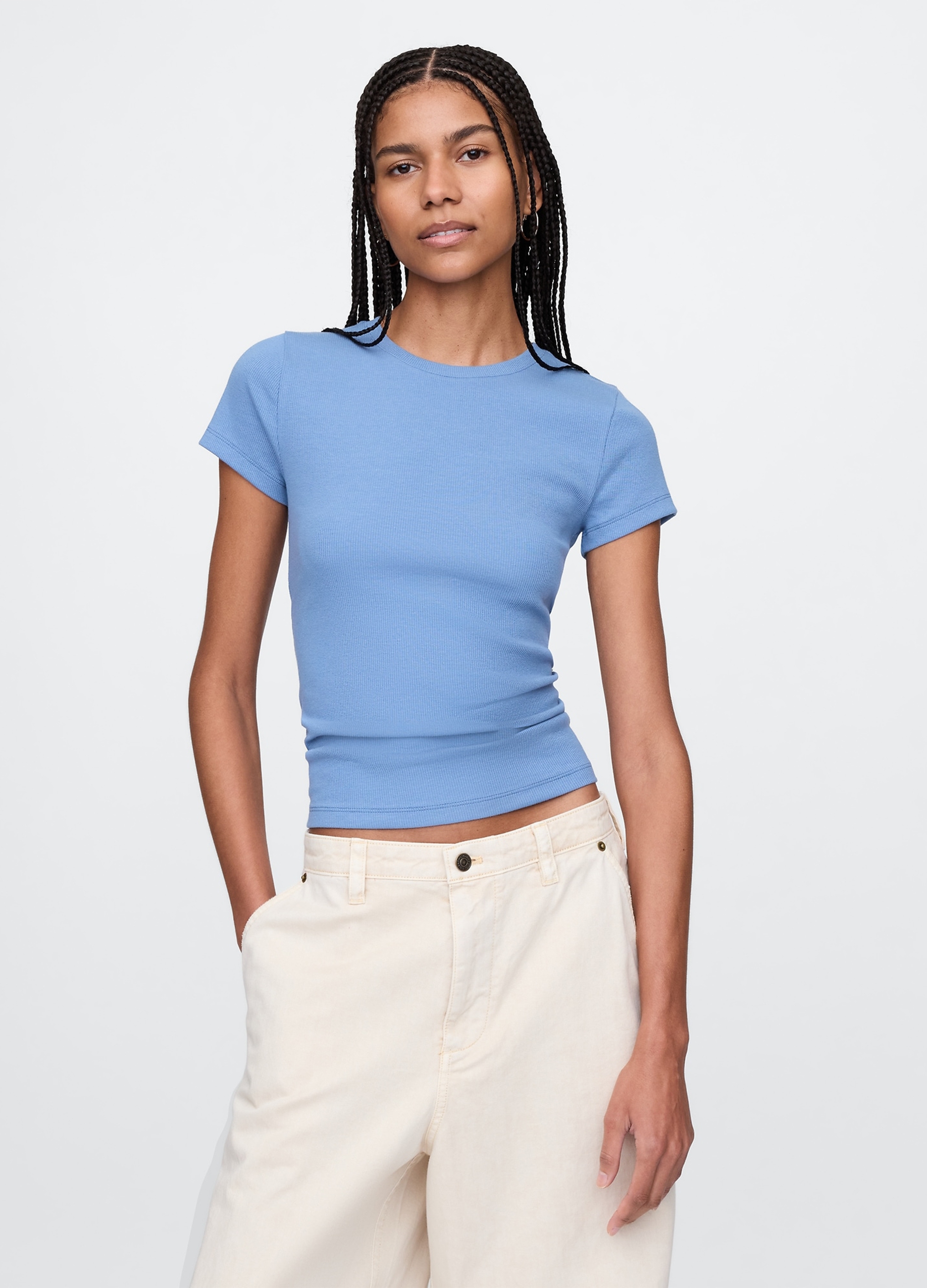 GAP, T-shirt Slim Fit In Cotone A Costine, Donna, Azzurro, Taglia: XS