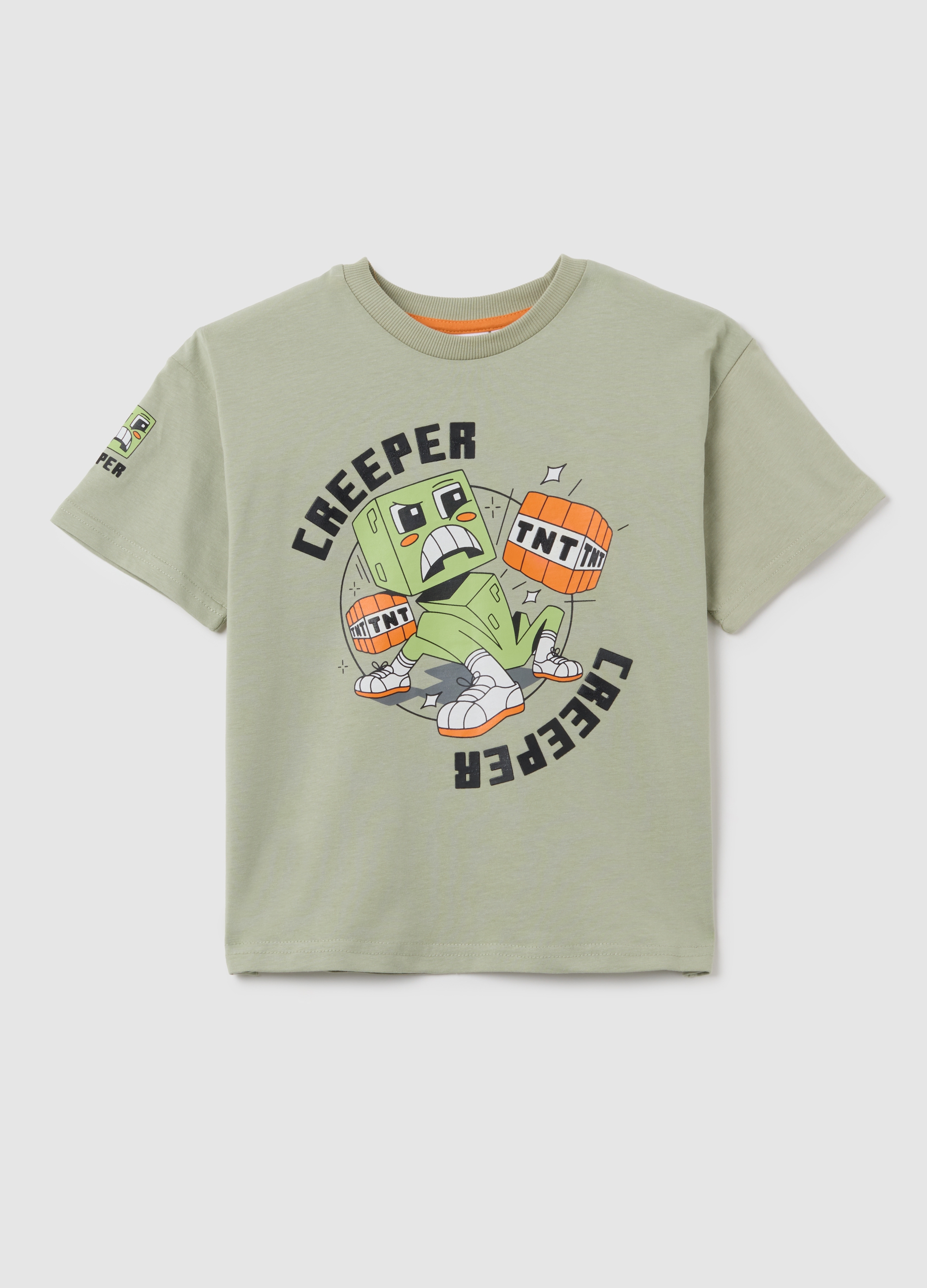 Camiseta Infantil Verde De Algodón Puro Ajuste Regular Con Estampado Creeper, Niño, Verde claro, Talla: 7-8