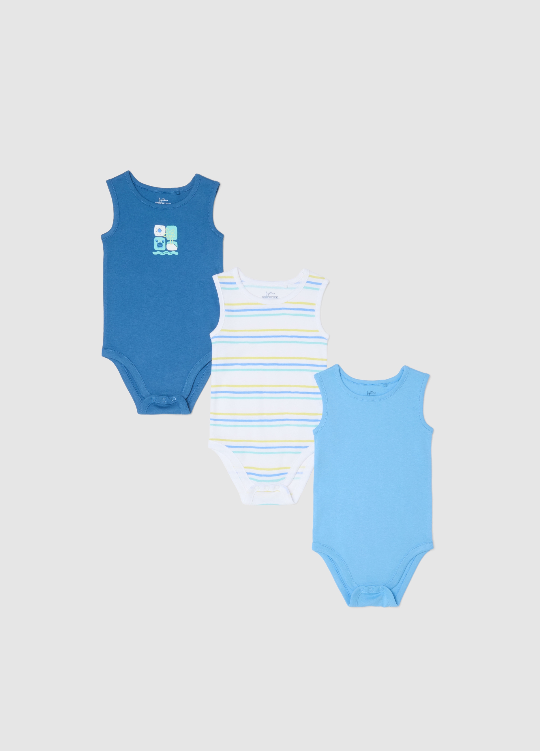 FAGOTTINO, Tripack De Bodys Sin Mangas En Puro Algodón Multicolor Para Bebé, Niño, Azul/Blanco, Talla: 24-30