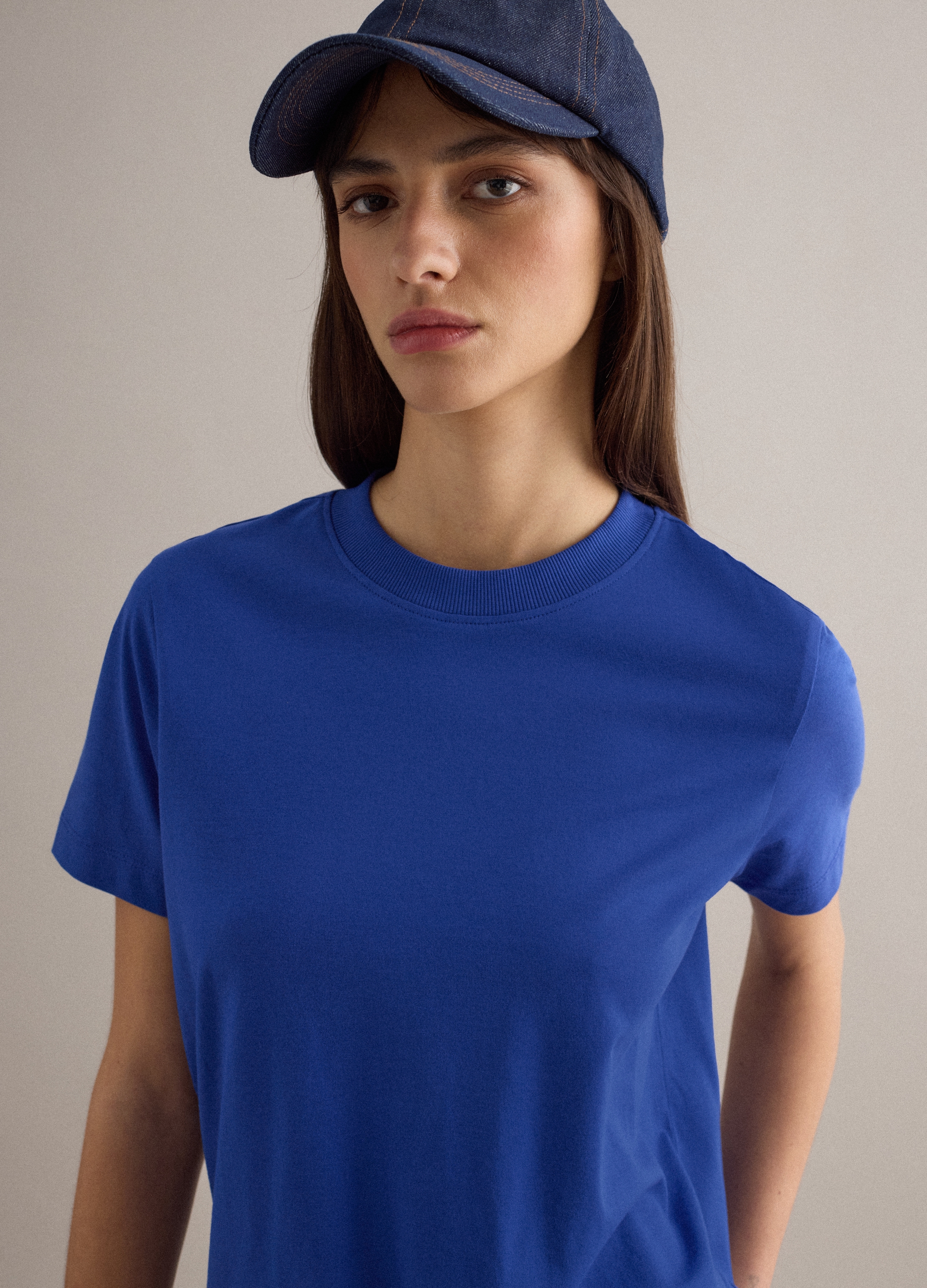 PIOMBO, Camiseta Azul De Cuello Redondo En Algodón Puro Regular Fit, Mujer, Blu Bluette, Talla: 36