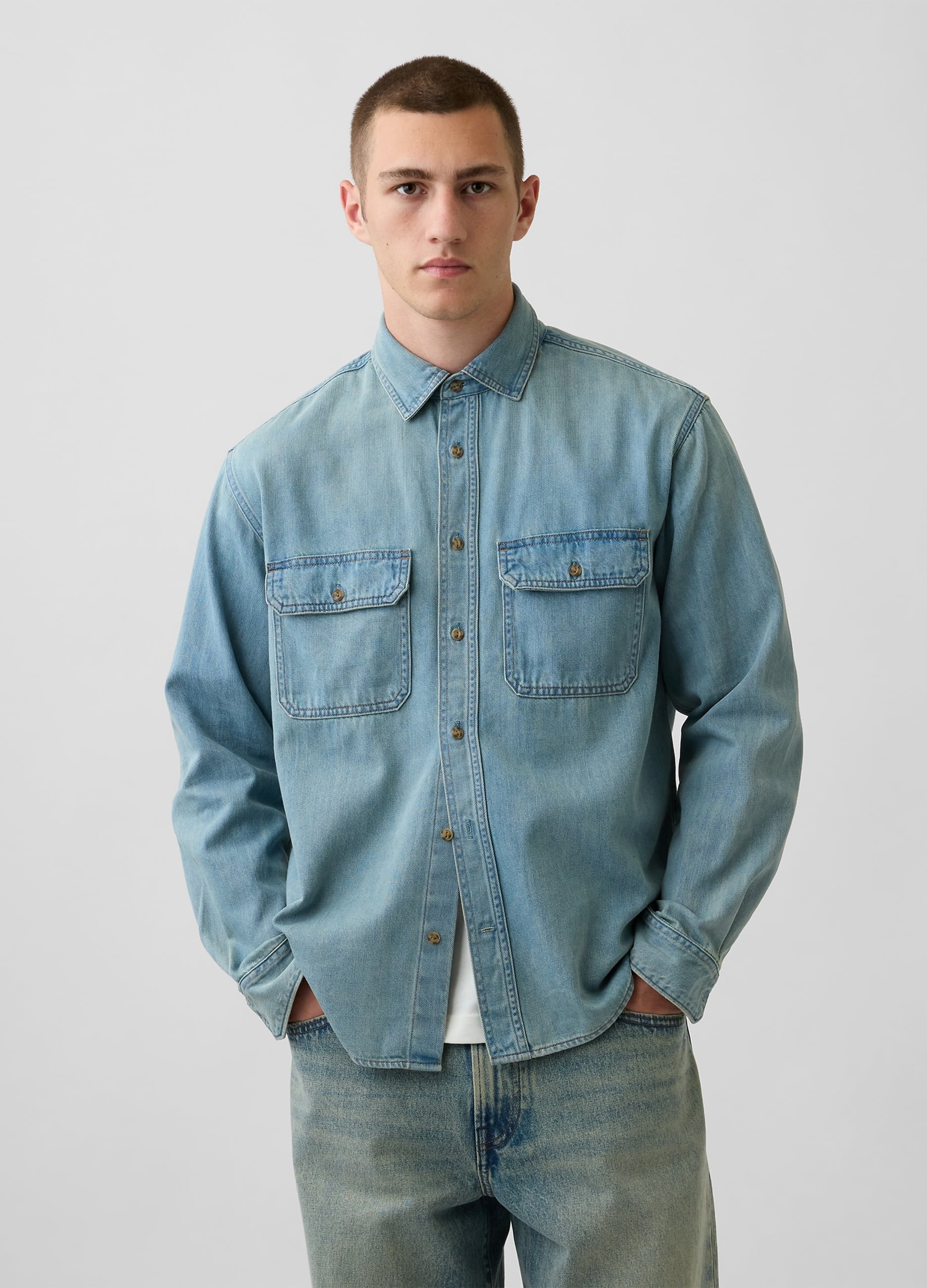 GAP, Camicia Denim In Misto Cotone E Lyocell Con Due Tasche, Uomo, Denim, Taglia: S