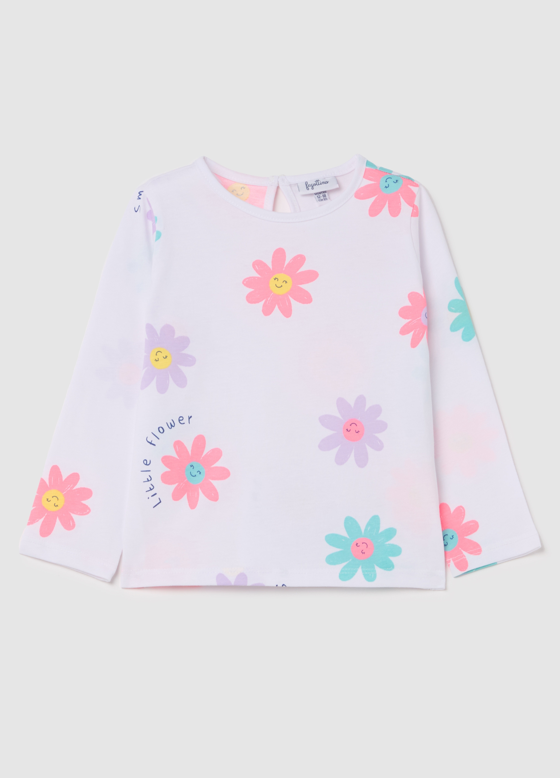 FAGOTTINO, T-shirt Maniche Lunghe Con Stampa Fiori, Bambina, Bianco, Taglia: 9-12