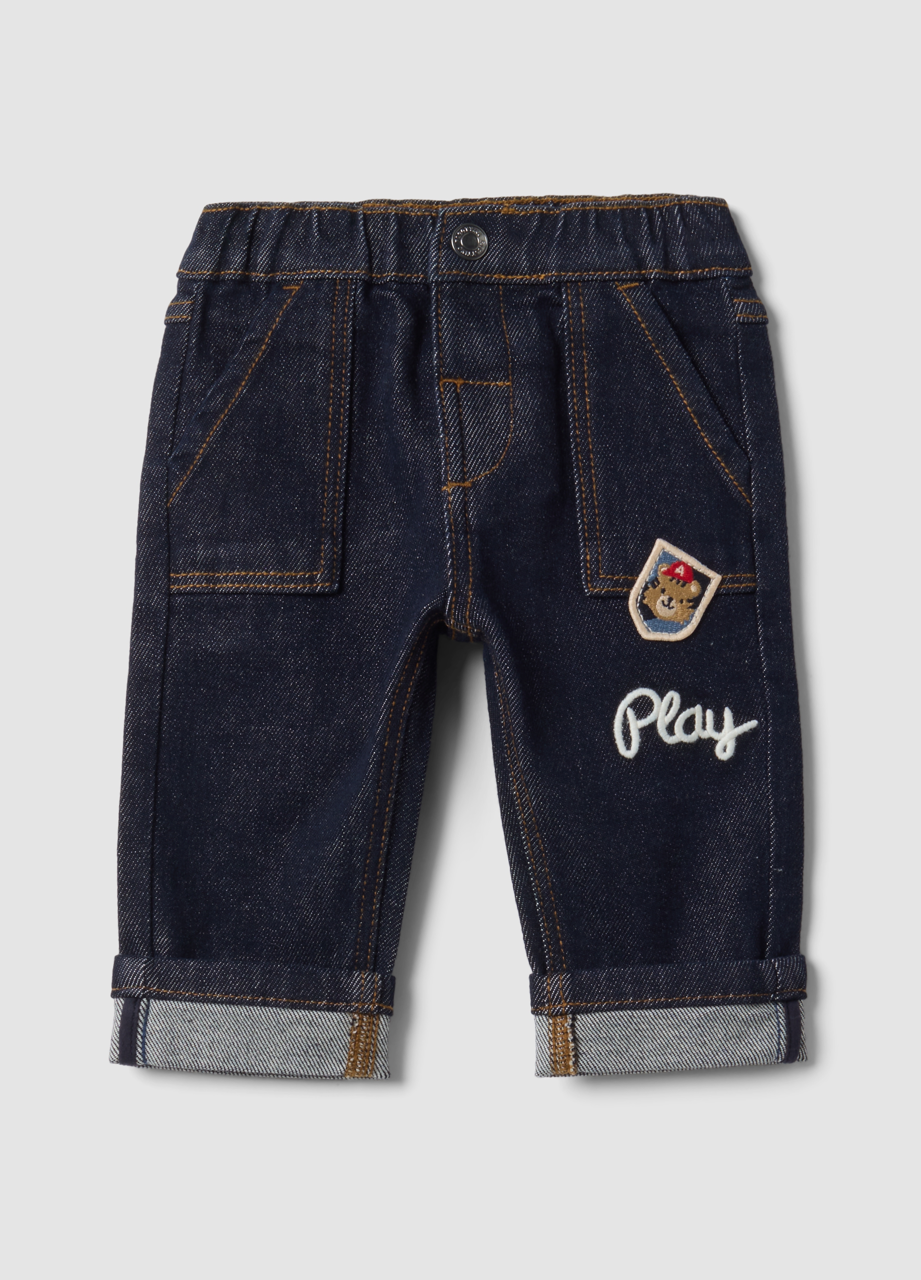 FAGOTTINO, Pantaloni Denim Blu In Cotone Elasticizzato Con Ricamo Orsetto Per Neonato, Blu, Taglia: 1-3