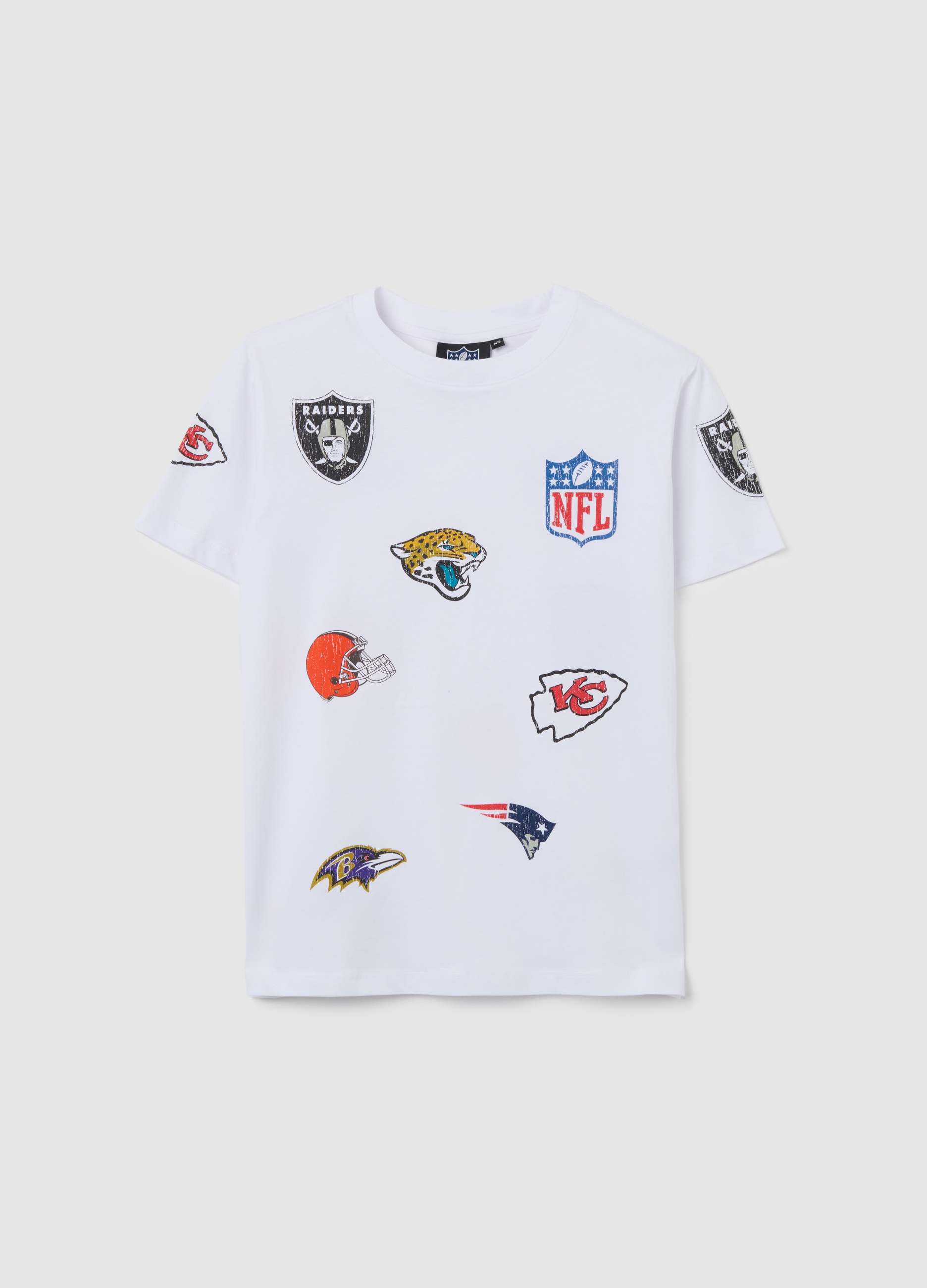NFL, T-shirt In Puro Cotone Bianca Regular Fit Con Loghi Nfl E Scollo Rotondo, Unisex, Bianco, Taglia: M