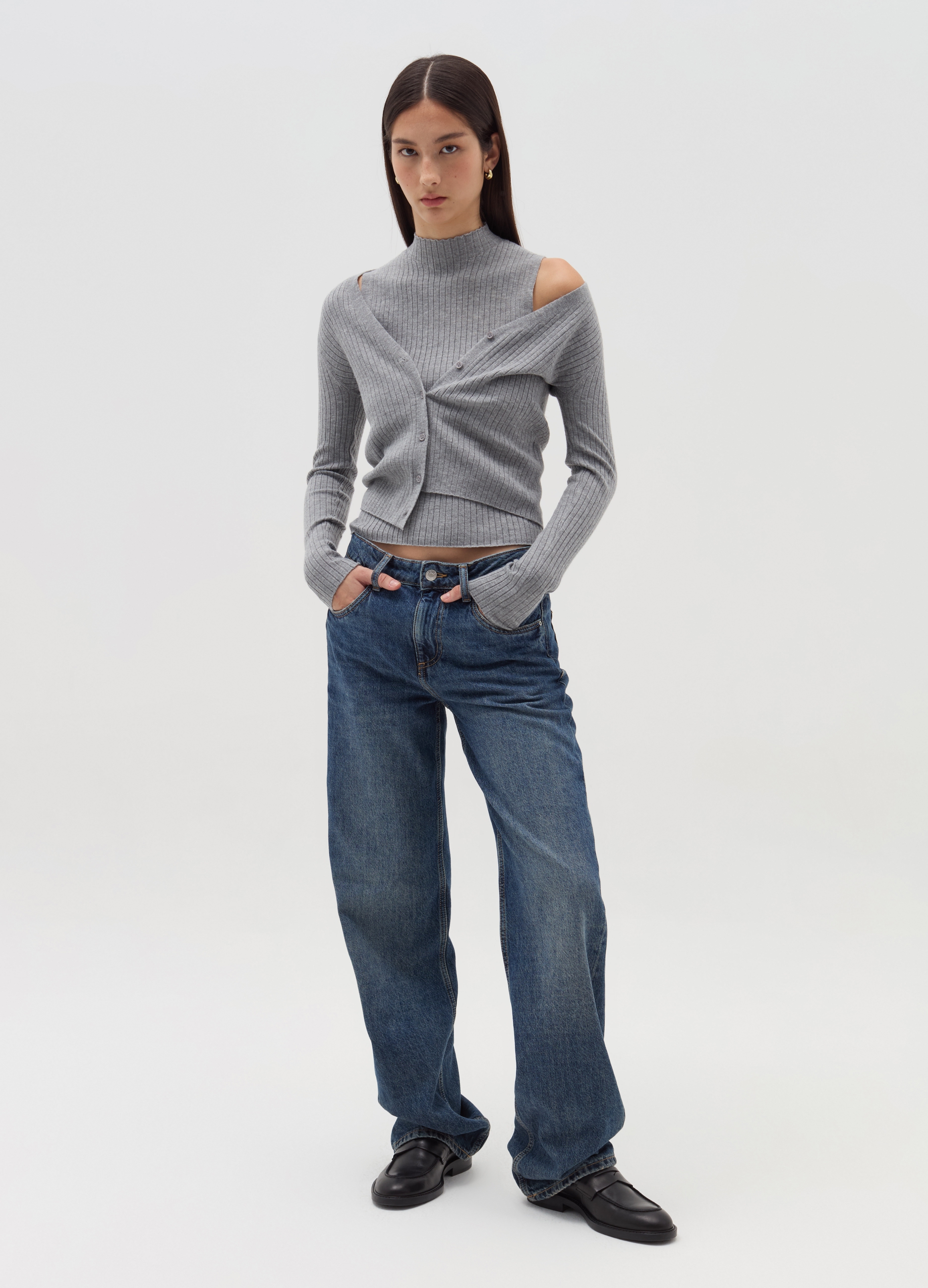 OVS, Cardigan A Coste Piatte Con Scollo A V, Donna, Grigio, Taglia: XS