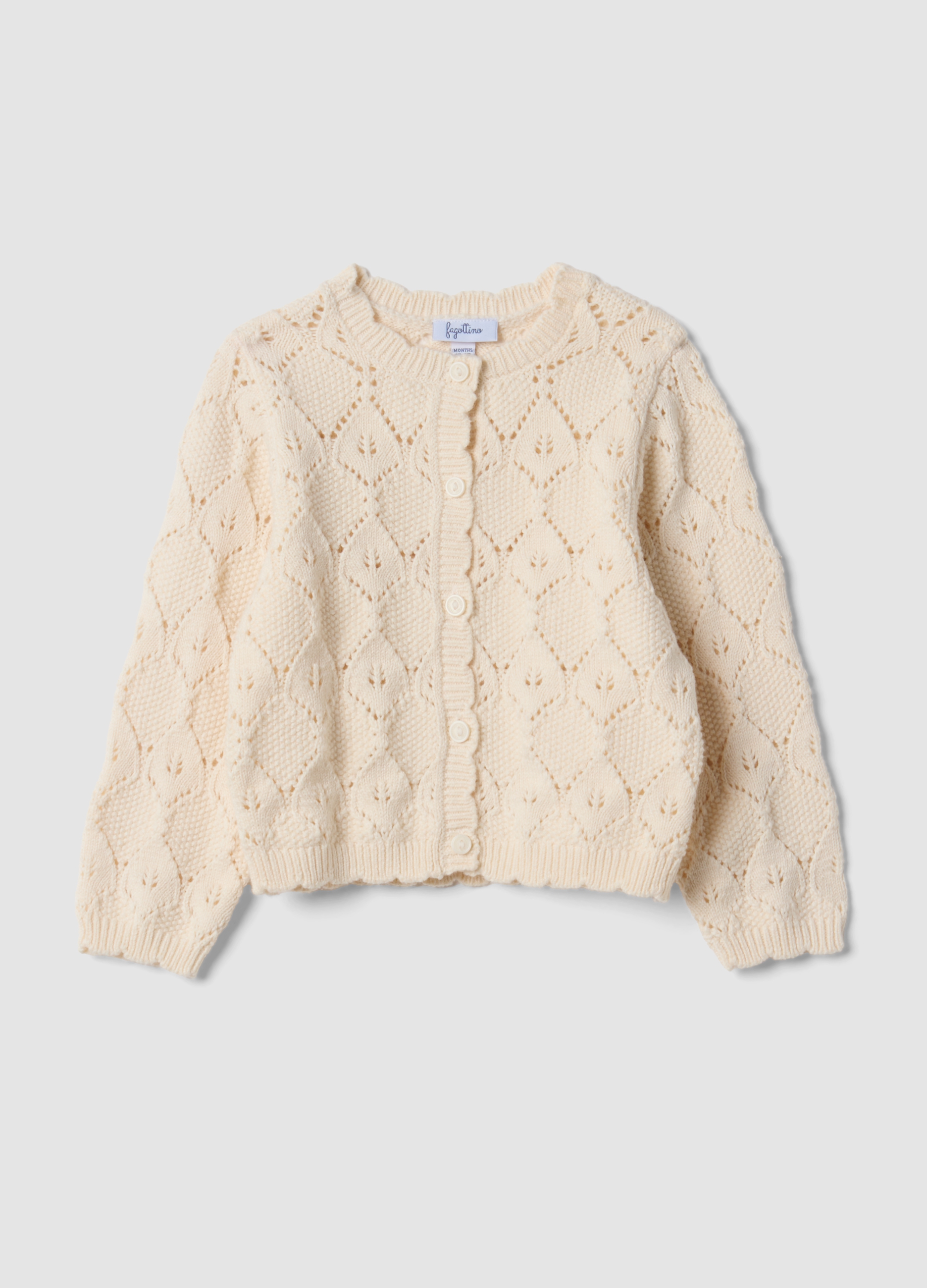 FAGOTTINO, Cardigan Beige In Misto Cotone Traforato Con Girocollo, Bambina, Beige, Taglia: 12-18