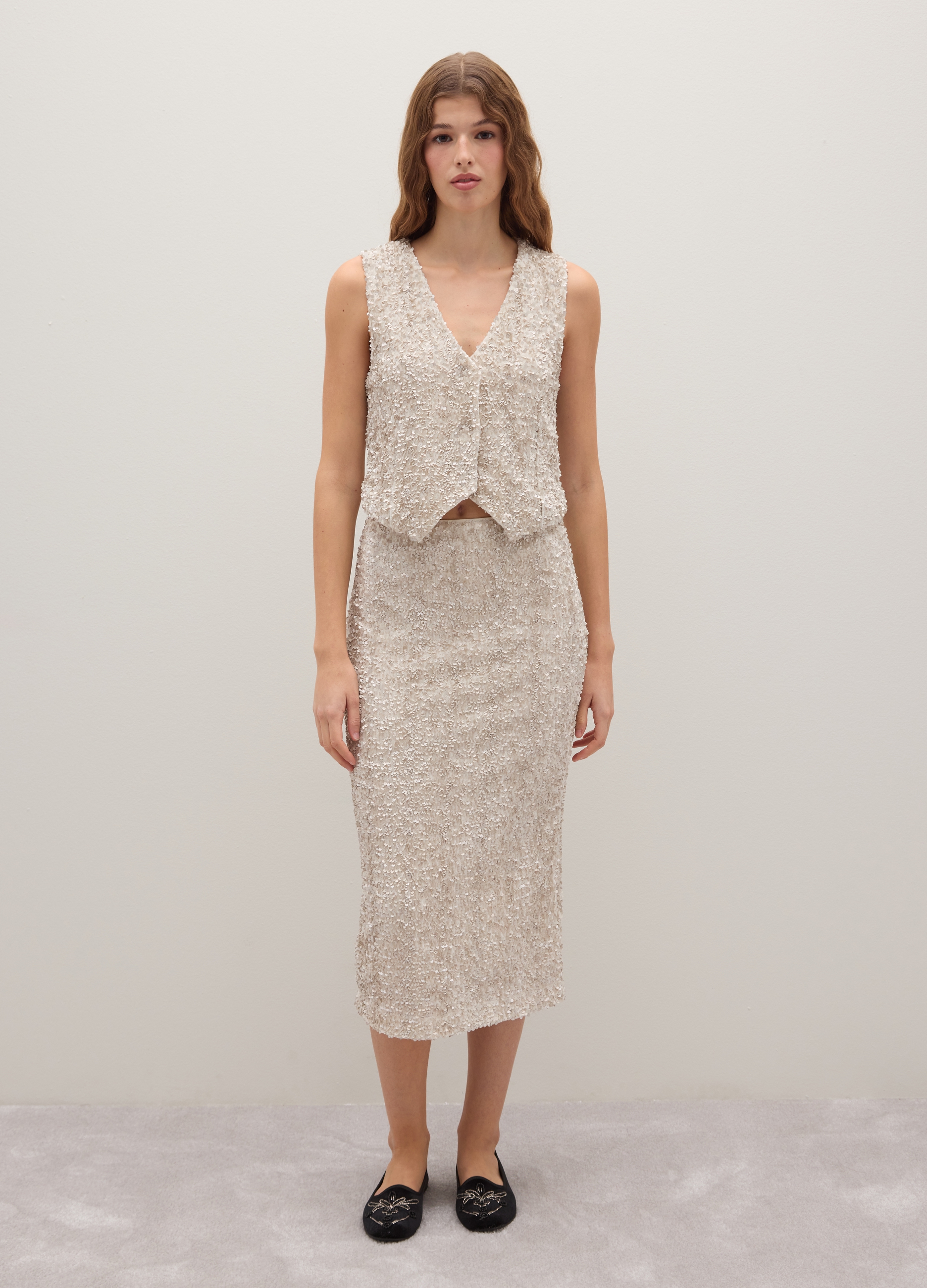 Piombo Contemporary, Gonna Midi Beige Regular Fit Con Paillettes, Donna, Beige, Taglia: L