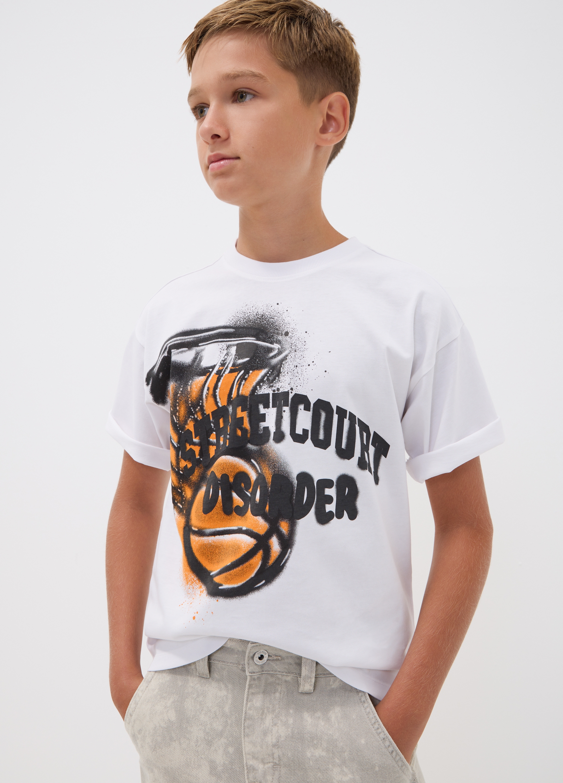 OVS KIDS, T-shirt Over Fit Bianca In Puro Cotone Con Stampa Grafica Basket Per Ragazzo, Bambino, Bianco, Taglia: 12-13