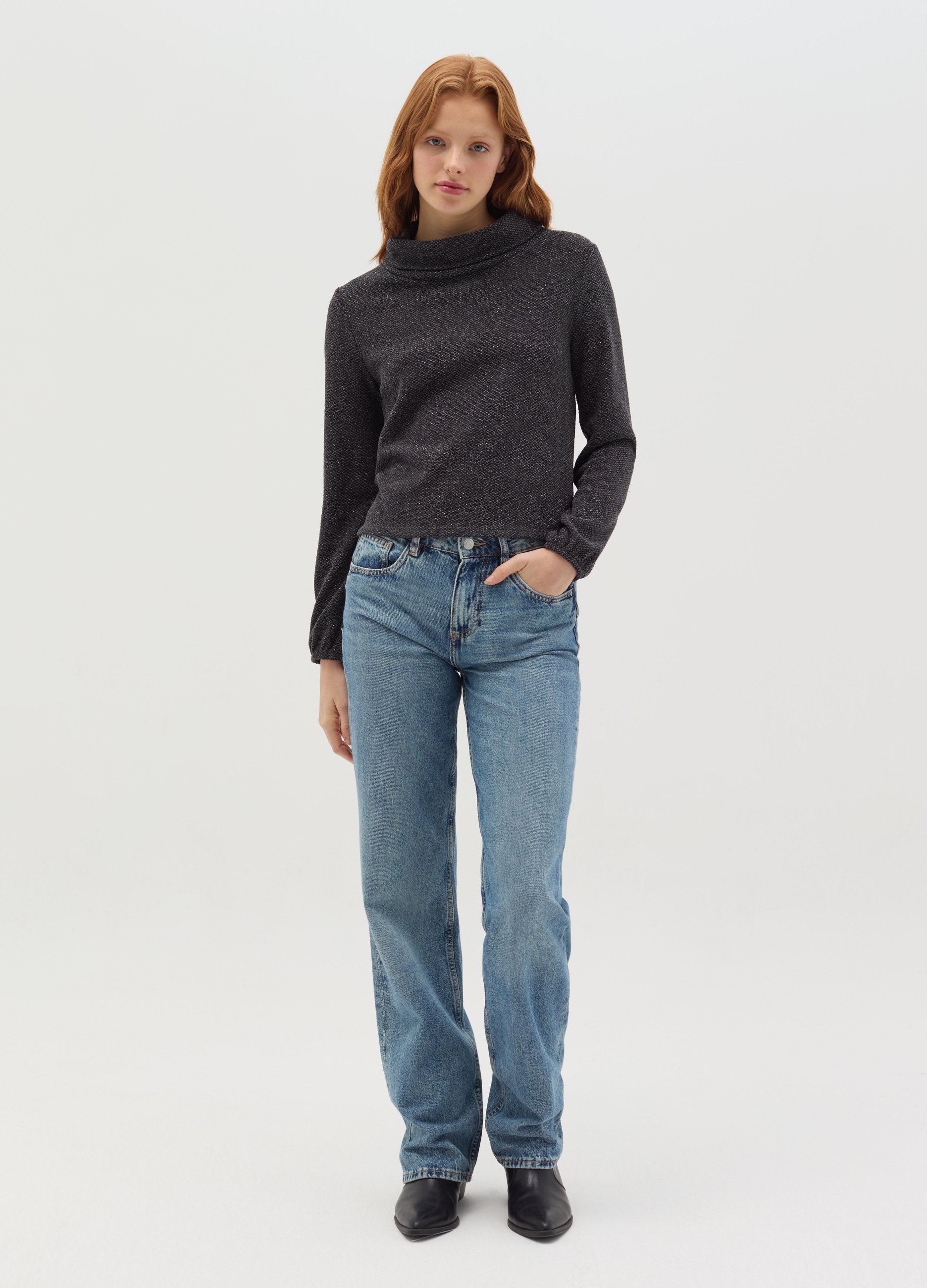 OVS, Maglia Bicolore In Lurex Collo Ad Anello, Donna, Grigio, Taglia: XL