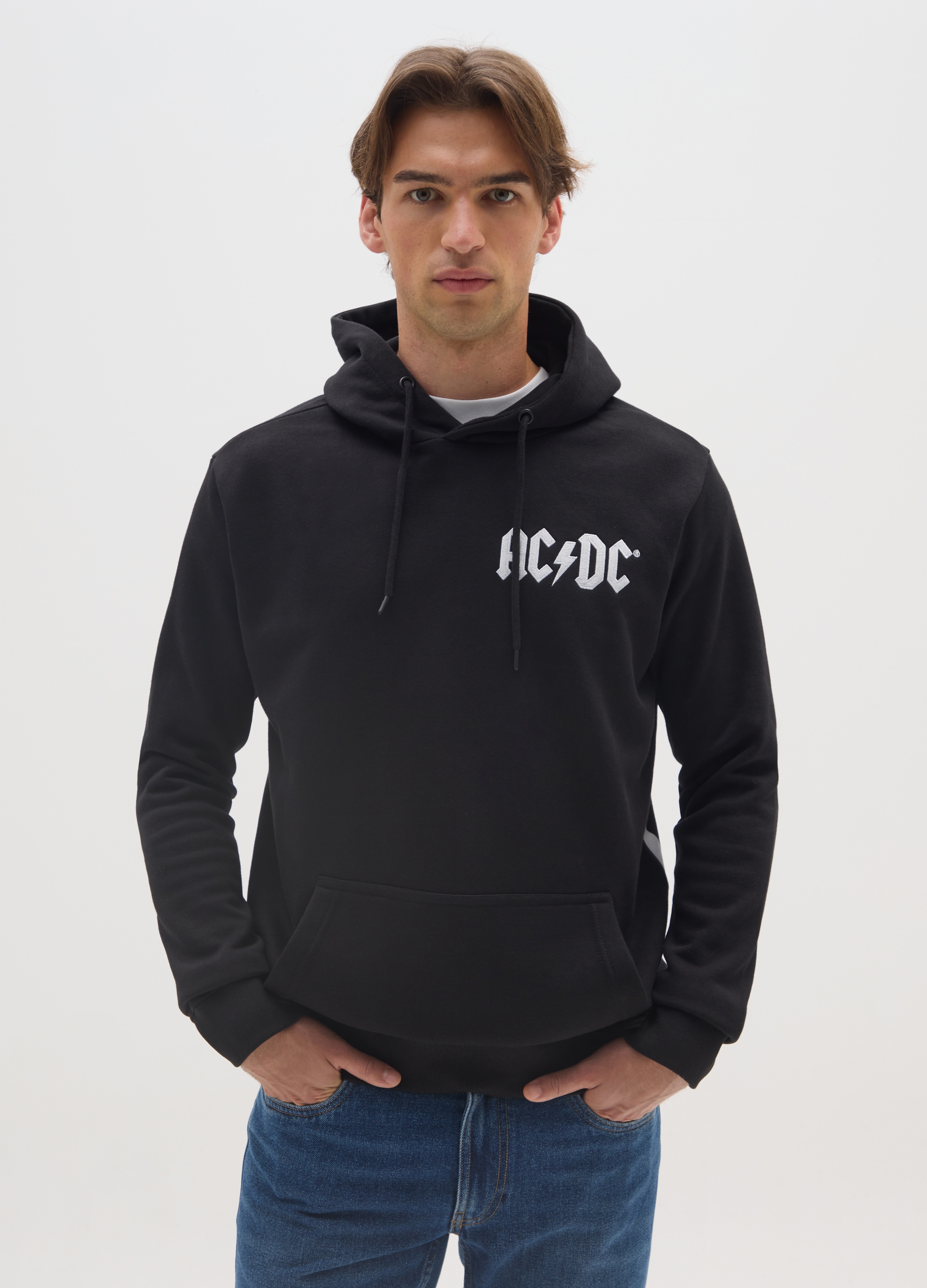 OVS, Felpa In Misto Cotone Nera Con Cappuccio Con Stampa Ac/dc, Uomo, Nero, Taglia: S