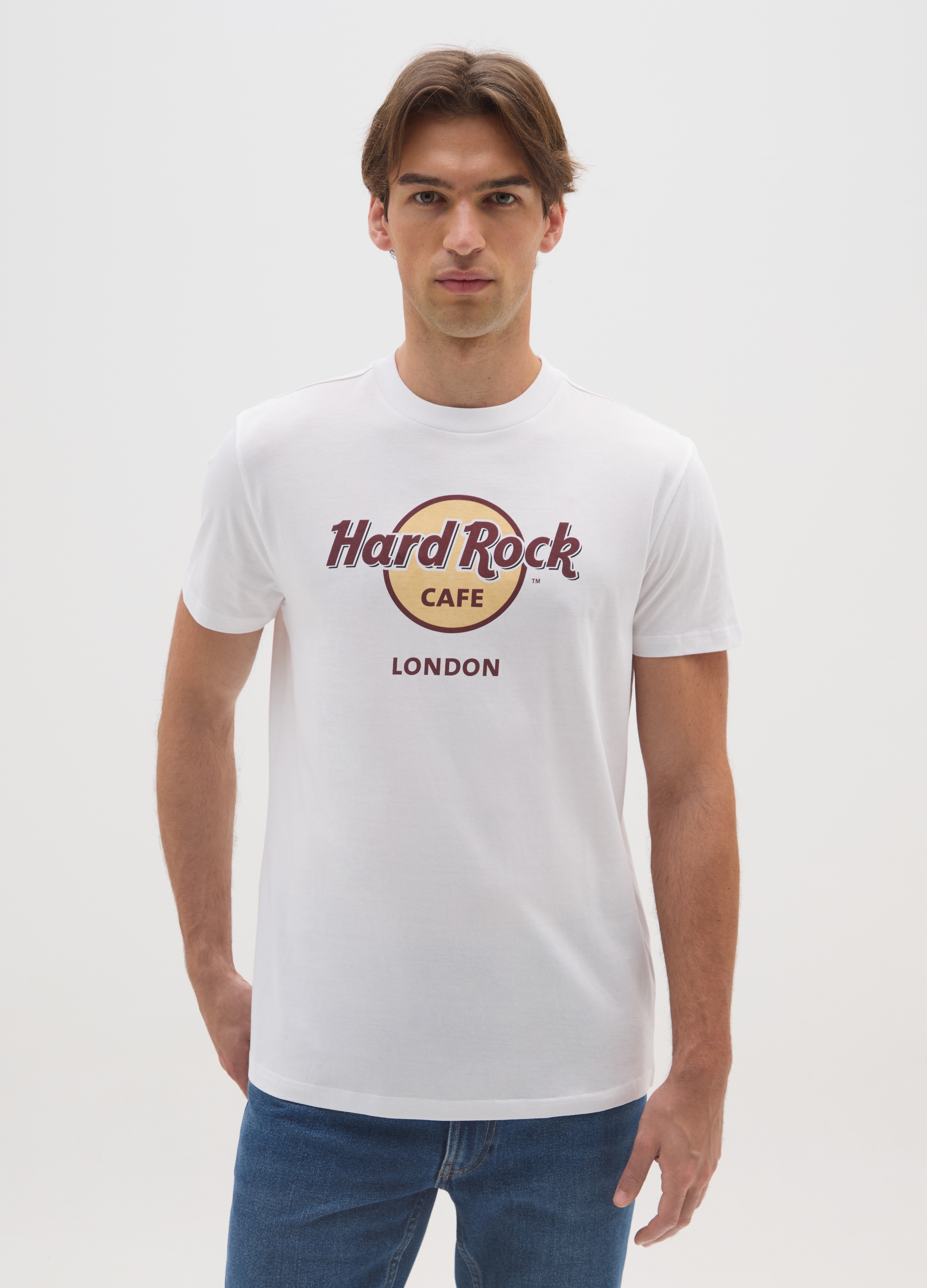 OVS, T-shirt In Puro Cotone Bianca Con Stampa Hard Rock Cafe, Uomo, Bianco, Taglia: S