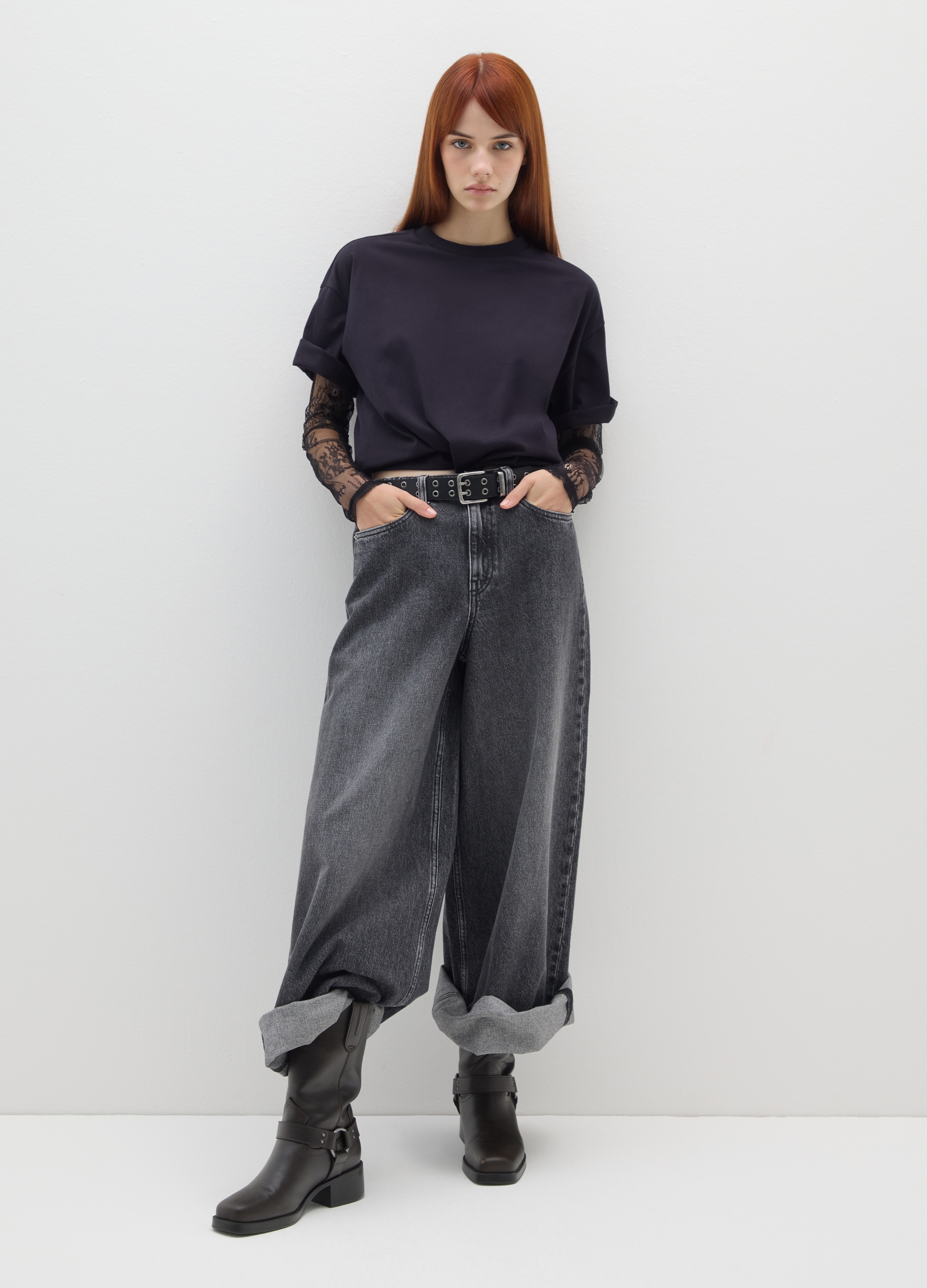 B.ANGEL, Jeans In Puro Cotone Grigi Wide Leg, Donna, Grigio, Taglia: 38