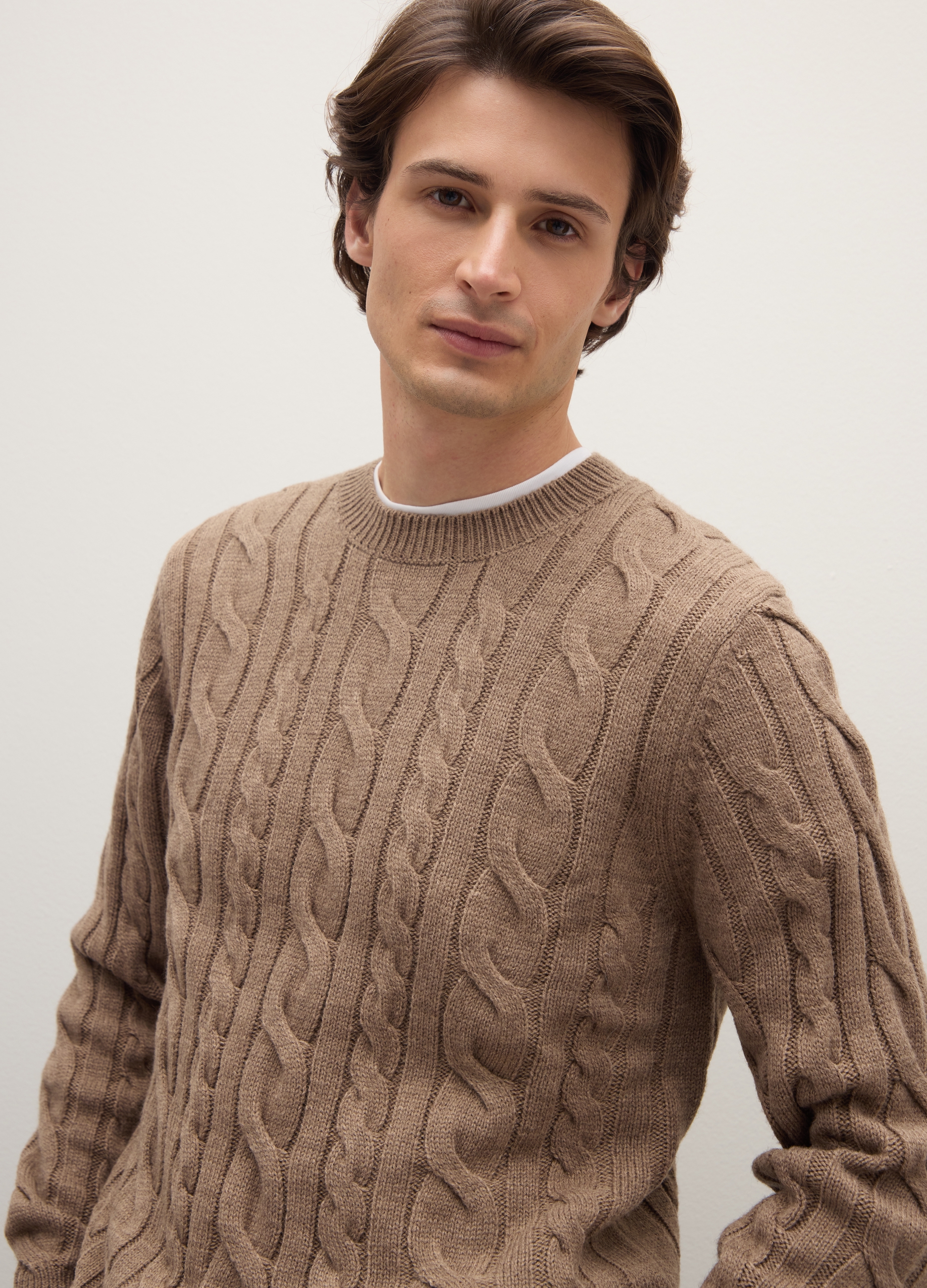 Piombo Contemporary, Maglione Girocollo Beige Con Lavorazione A Trecce In Misto Lana, Uomo, Beige, Taglia: M