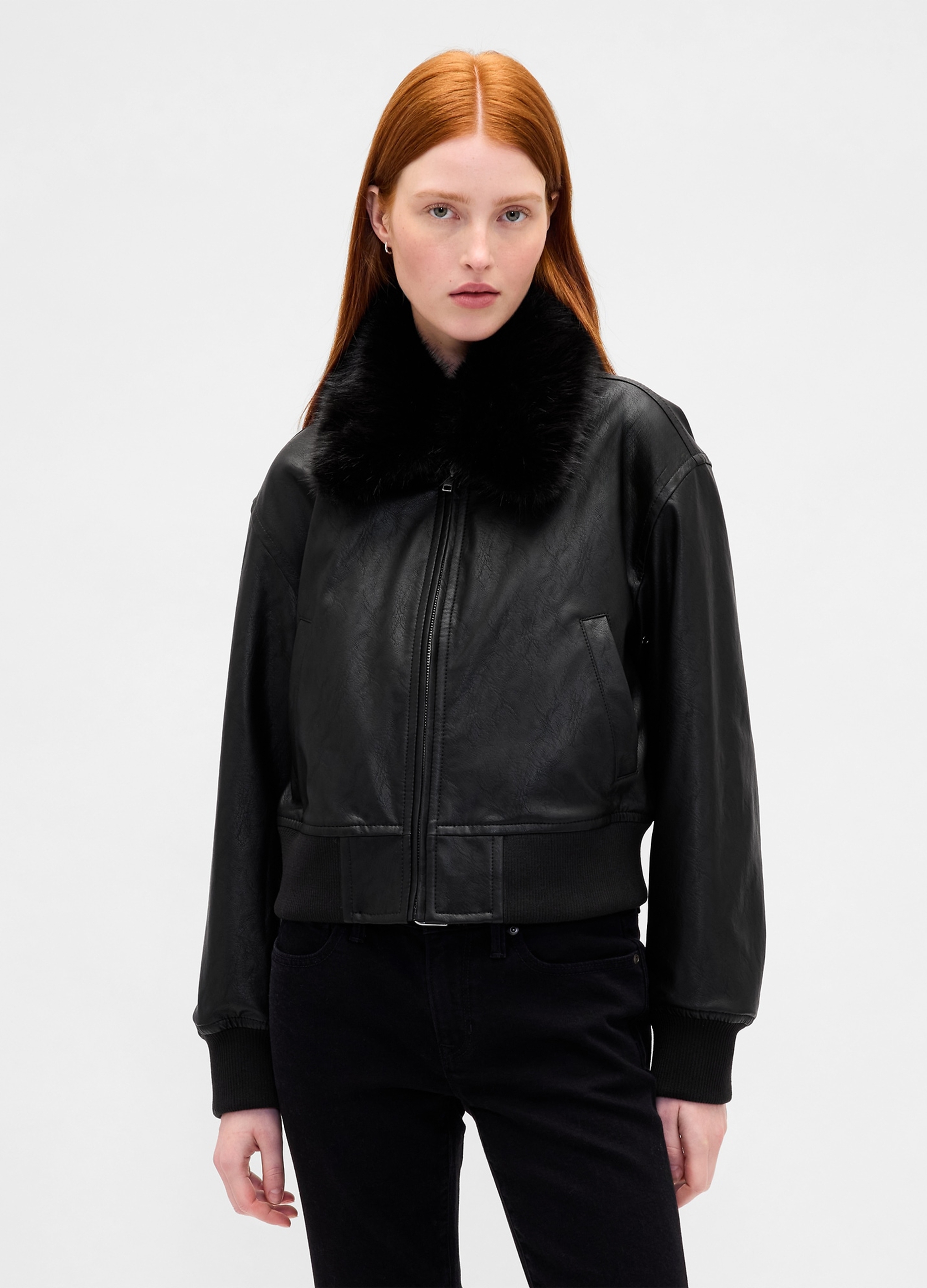 GAP, Bomber Con Collo In Pelliccia Sintetica, Donna, Nero, Taglia: M