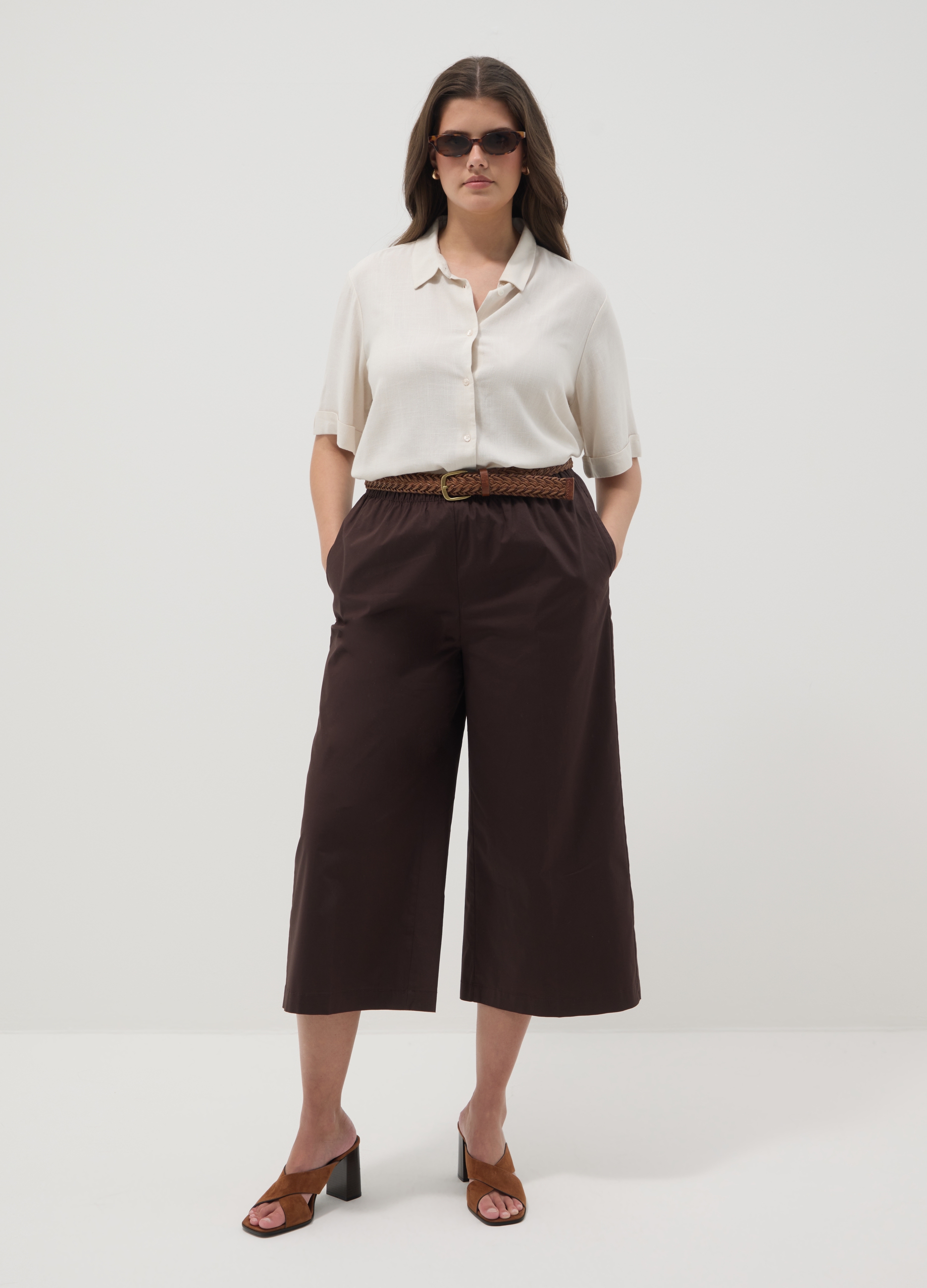 MYA, Pantaloni Neri In Cotone Elasticizzato Wide Leg, Donna, Nero, Taglia: S