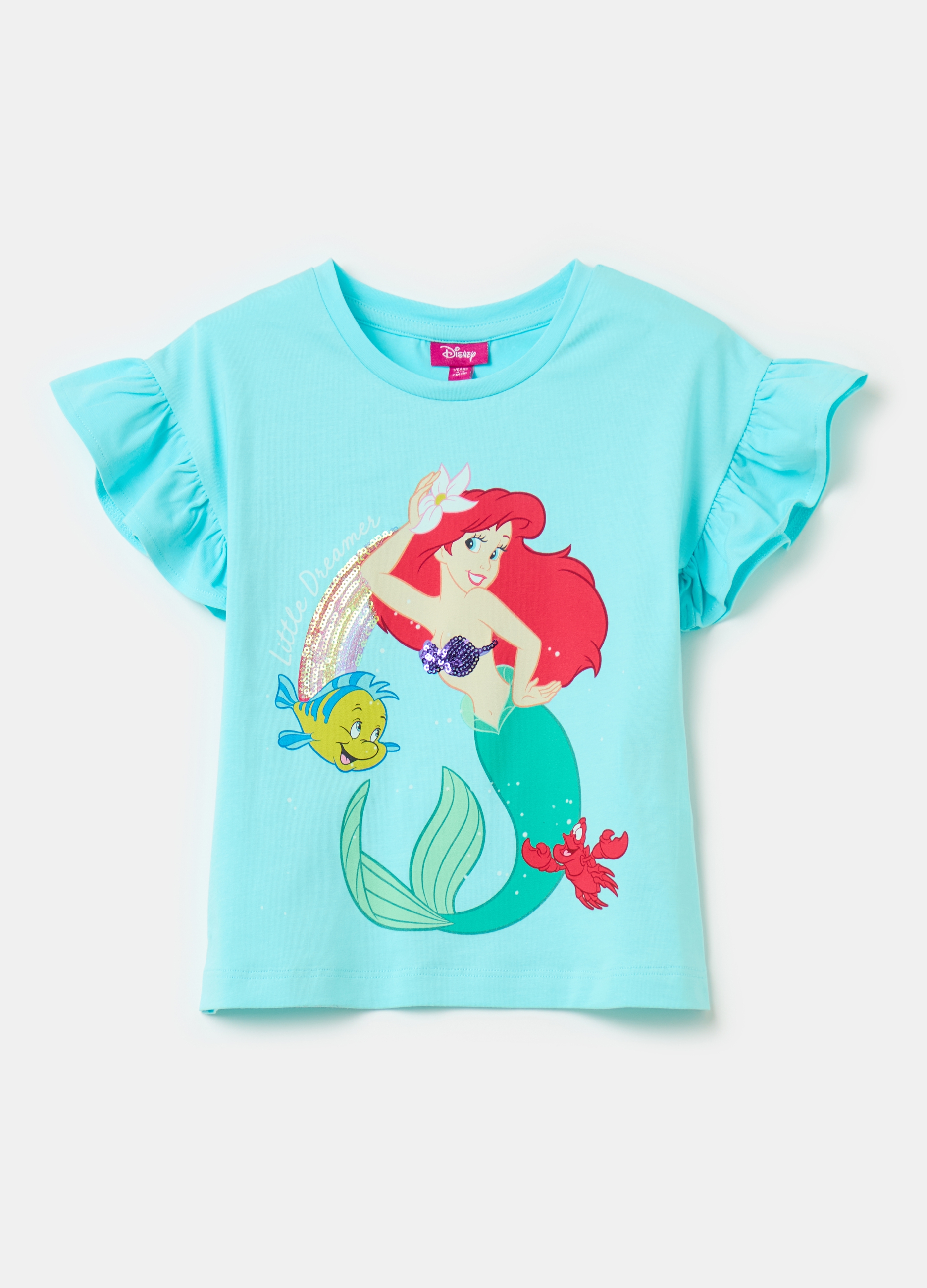 OVS, T-shirt Con Stampa La Sirenetta E Paillettes, Bambina, Azzurro, Taglia: 4-5
