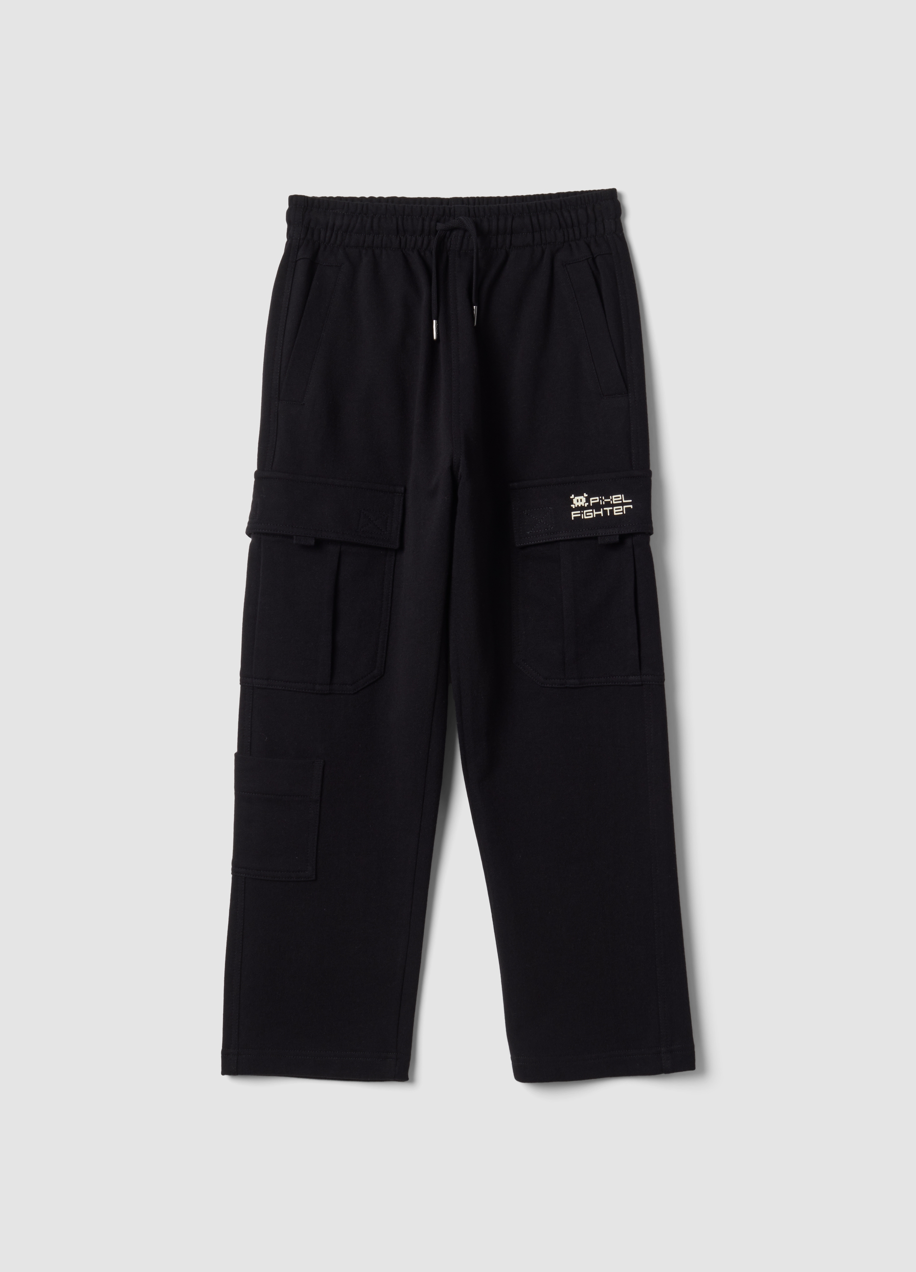 OVS KIDS, Pantaloni Cargo Neri In Puro Cotone Con Vita Elasticizzata Over Fit, Bambino, Nero, Taglia: 13-14