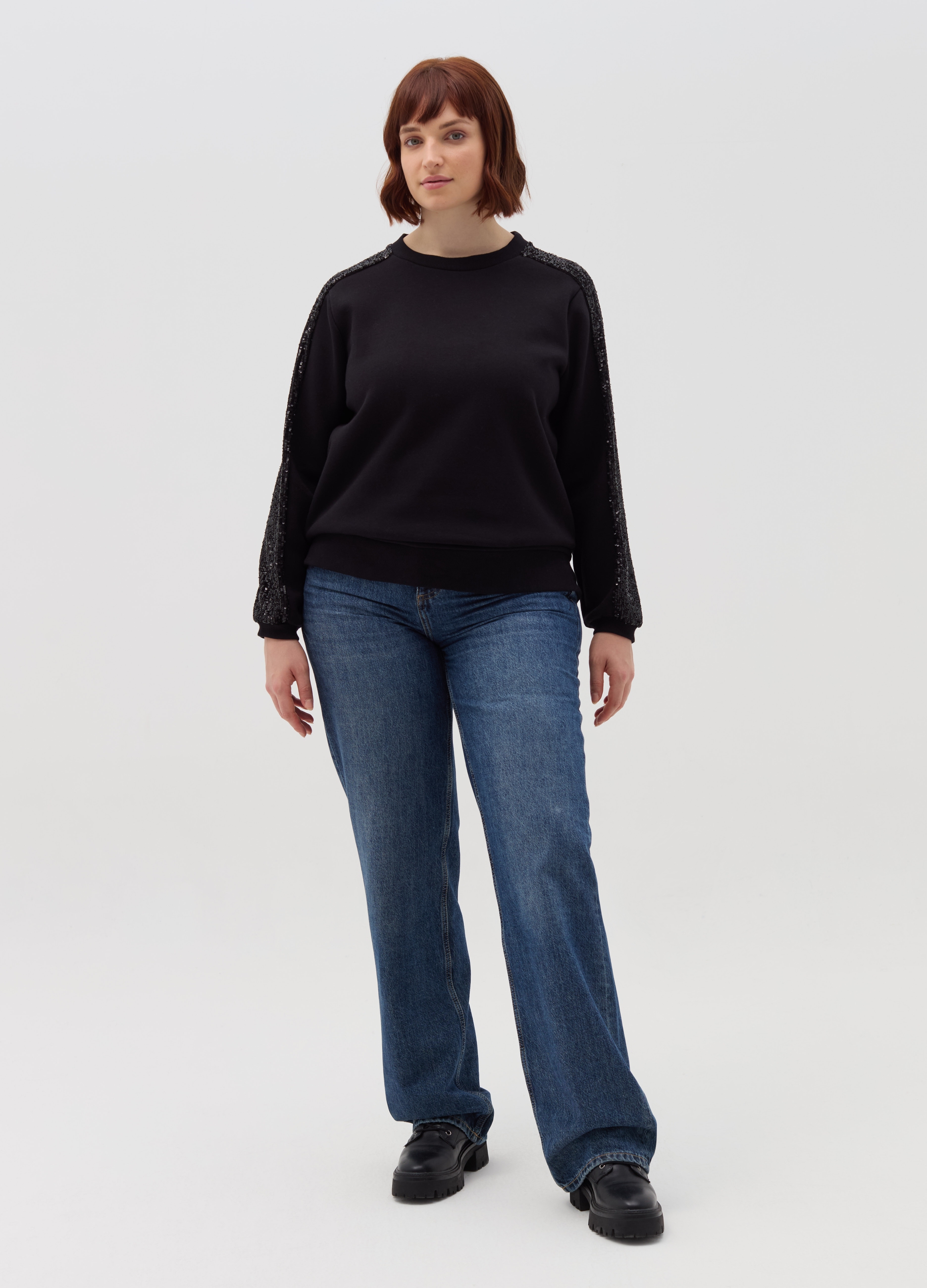 MYA, Felpa Con Bande In Paillettes Curvy, Donna, Nero, Taglia: M